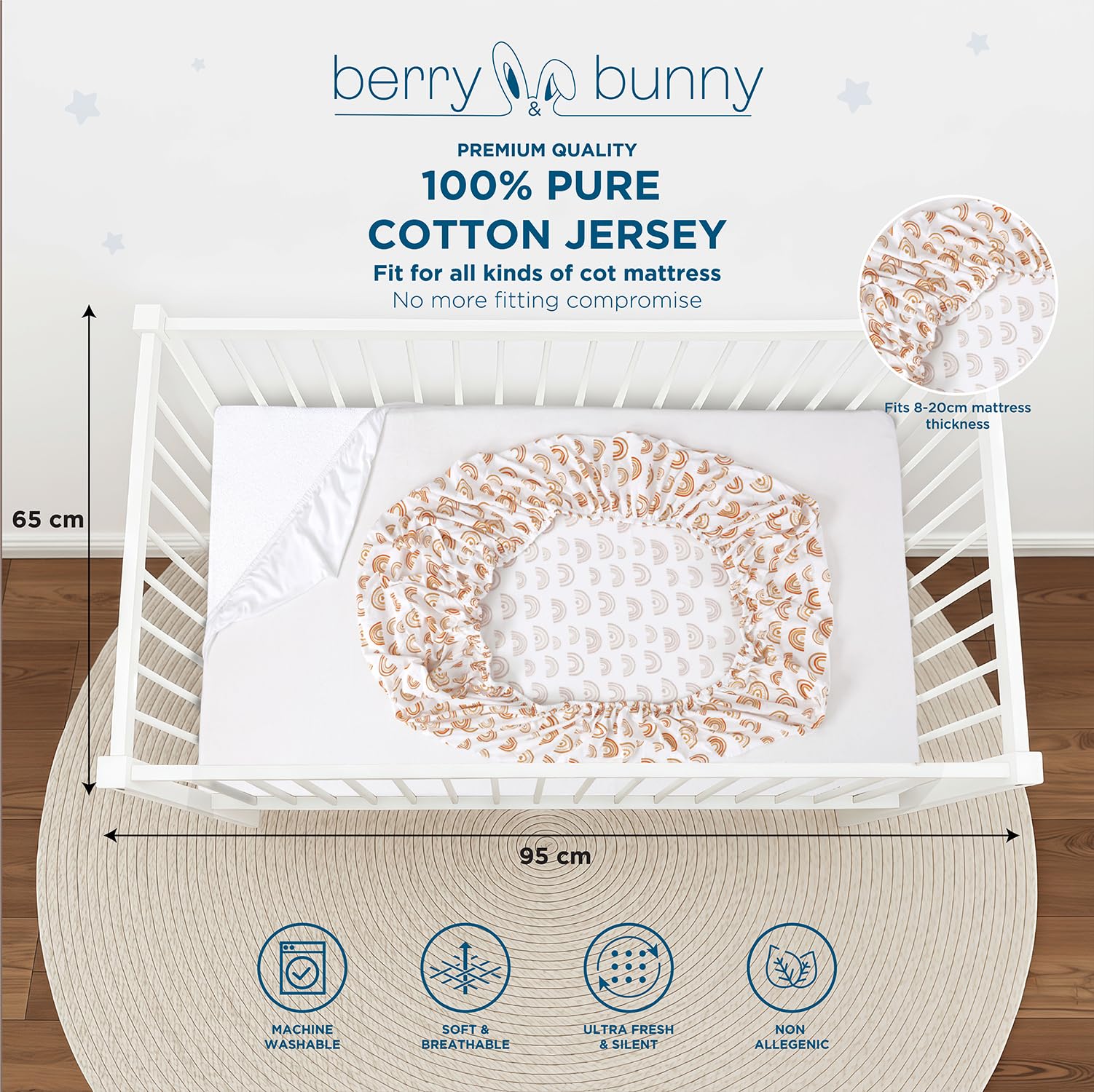Berry & Bunny Confezione da 3 lenzuola per lettino da viaggio, 95 x 65 cm, 100% cotone, 2 lenzuola con angoli e 1 coprimaterasso impermeabile, morbide e traspiranti, per materasso per bambini, colore
