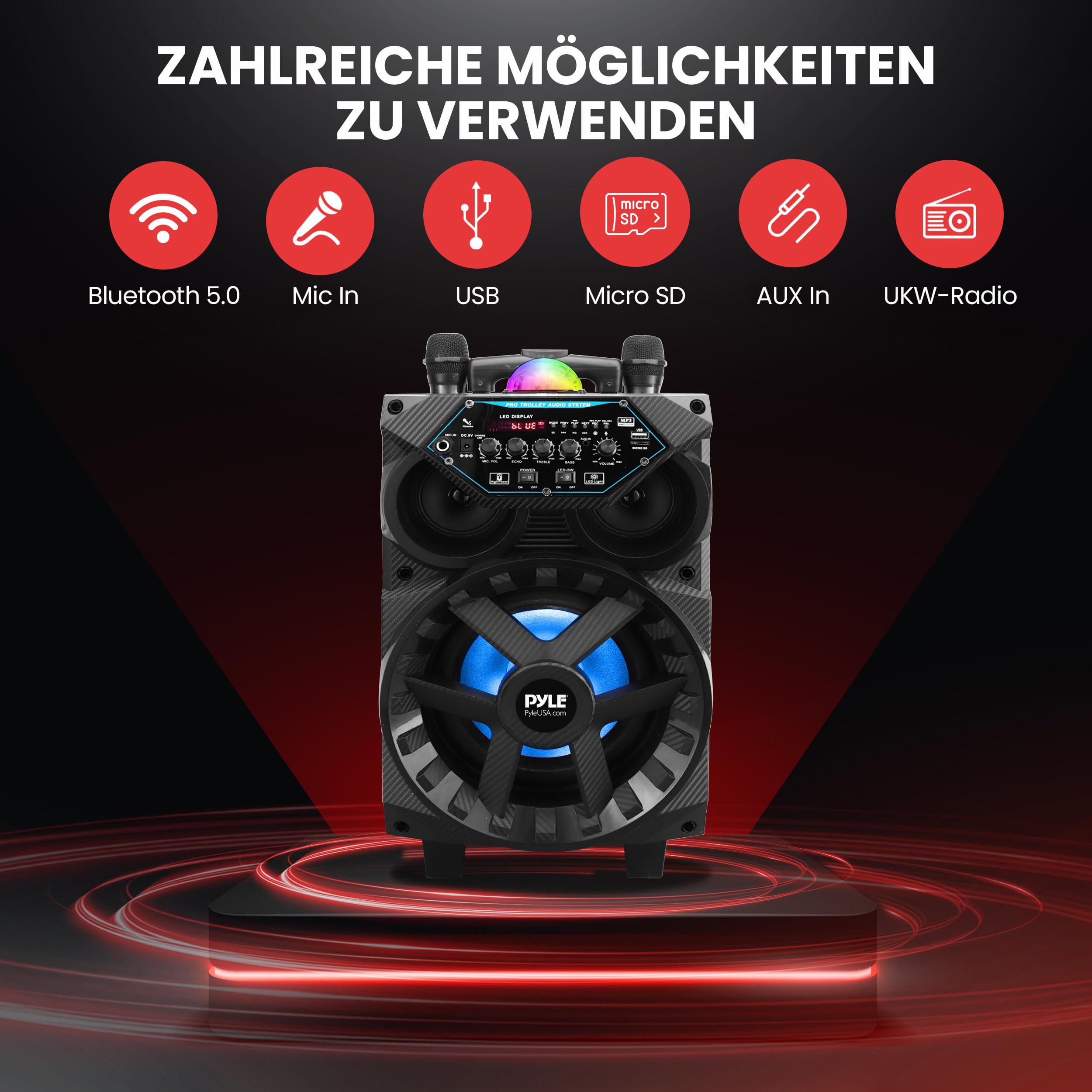 Pyle Partybox Bluetooth Lautsprecher Groß, 580W Musikbox, Boombox mit Lichtern & Rollen, inkl. 2 Kabellose Mikrofone, Super Bass, USB/SD/AUX/RCA/FM, Aufladbare Akku, für Party Outdoor & Zuhause