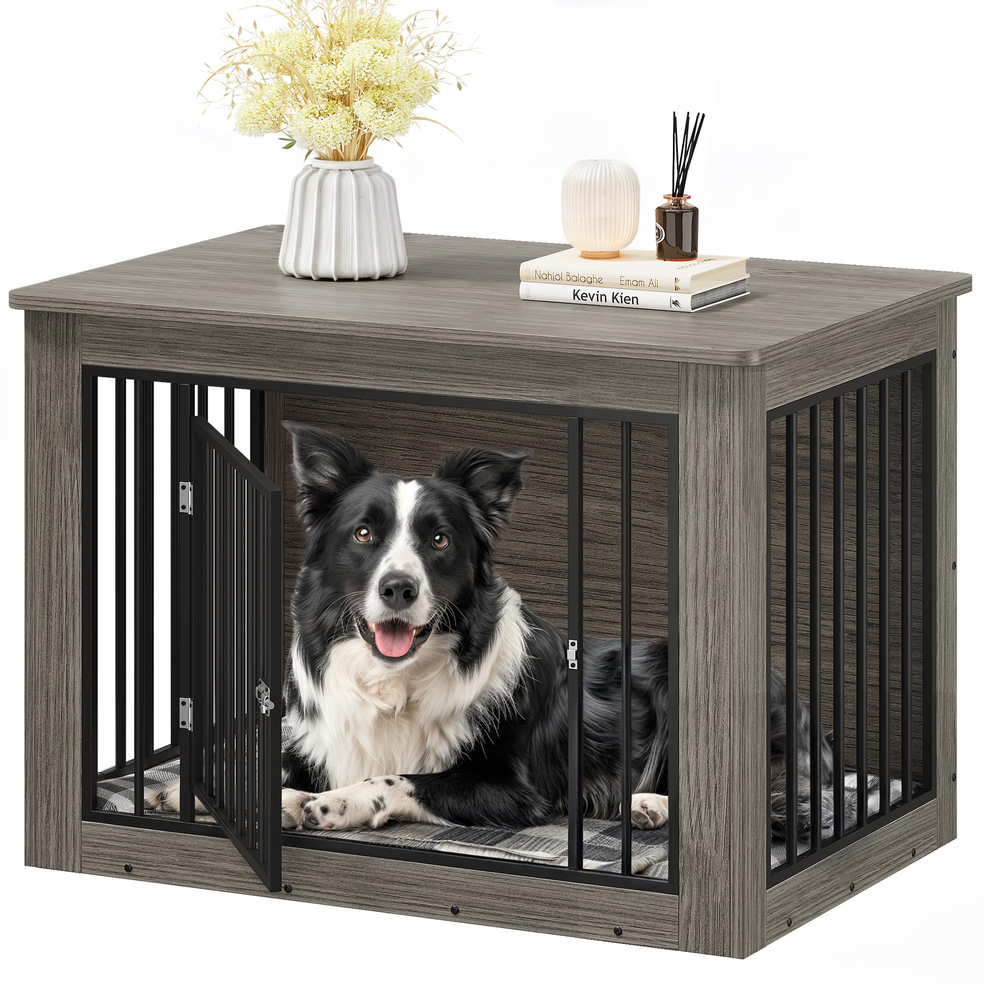 YITAHOME Dog Crate Furniture for Large Dogs, Side End Table, Modern Dogs Kennel Indoor up to 60 lb, 2-in-1 Iron-Wood Fusion Dog Cage