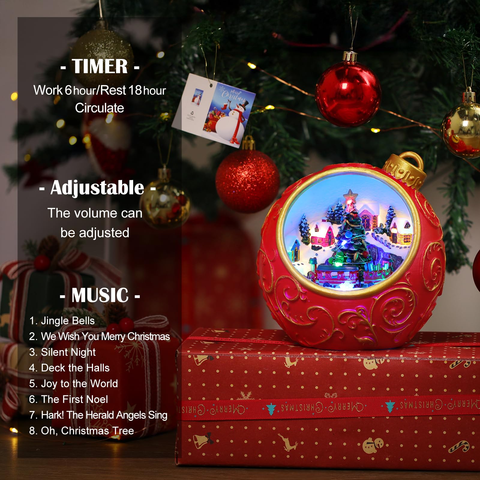 Scène de village de Noël - Décorations de Noël pour la maison - Musique lumineuse - USB/batterie - Figurines de bâtiments de collection (globe d'arbre)