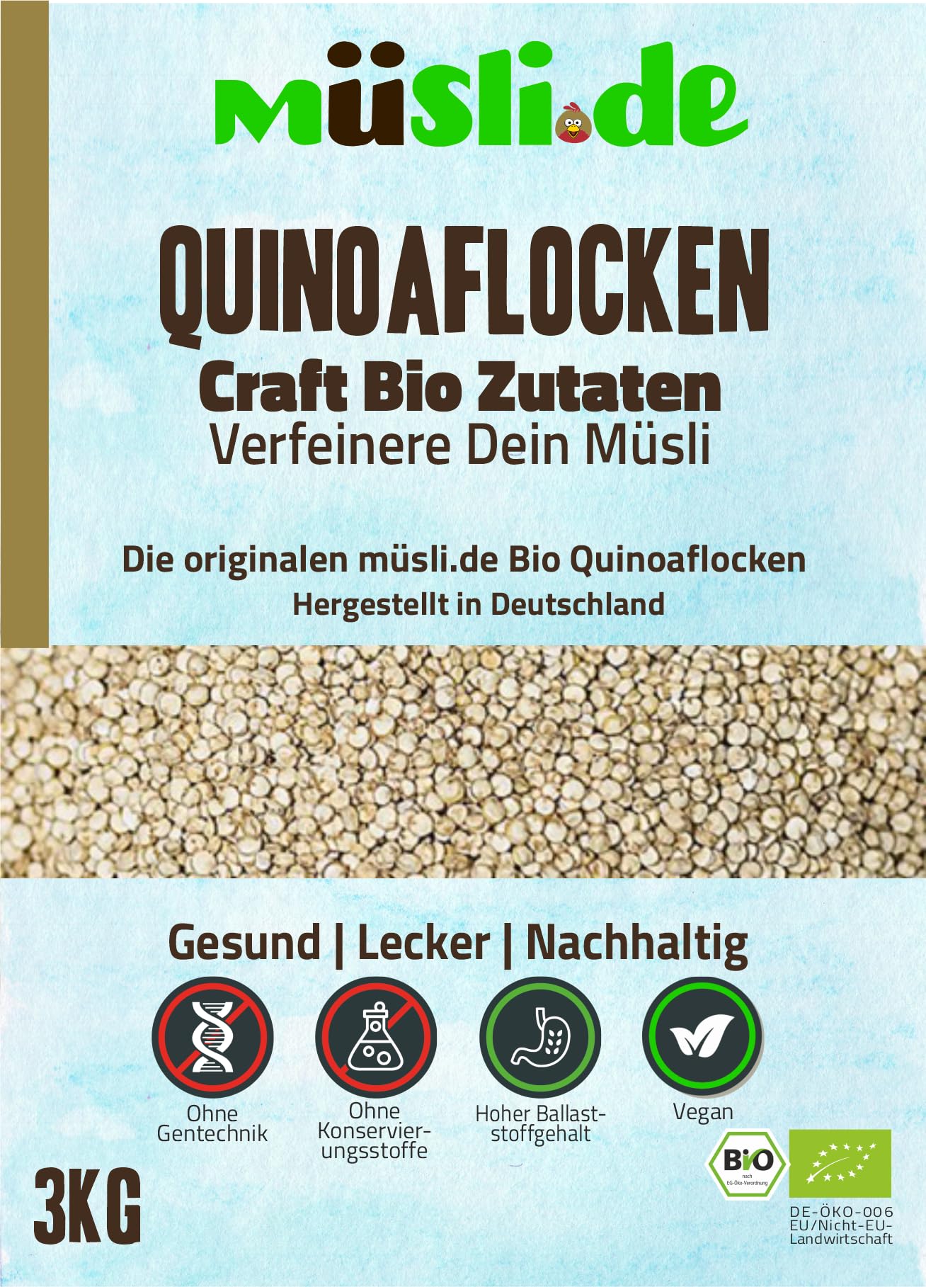 müsli.de BIO Quinoaflocken 1x3kg, für eine vegane Ernährung geeignet. Aromatisch nussiger Geschmack. Für einen leckeren Start in den Tag! (3kg Beutel (2 Stück))