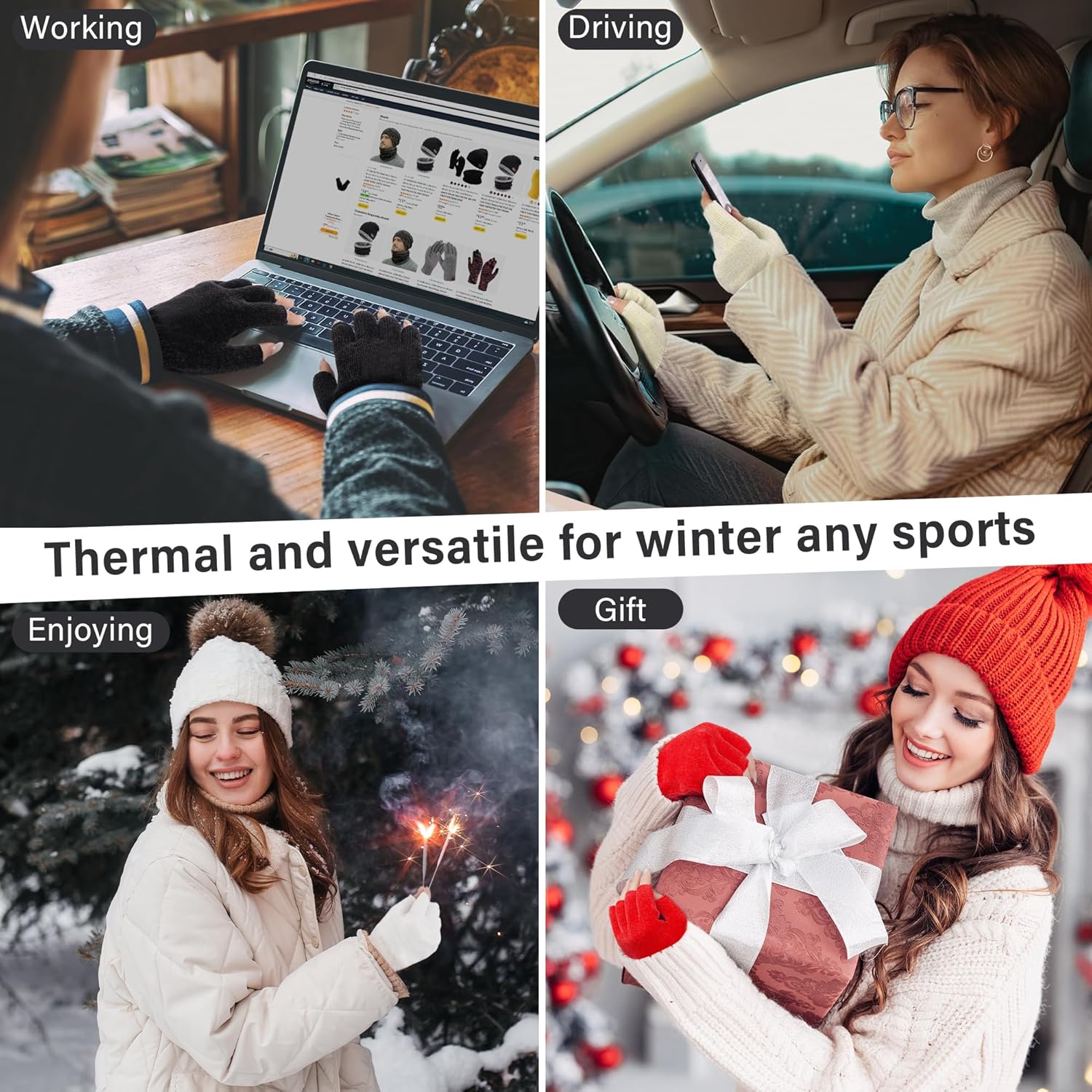 FZ FANTASTIC ZONE Winter Fingerless Gloves for Women Men, Chenille Warm Knit Work Anti-Slip Leather Half Finger Gloves Gifts - Image 5