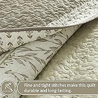 Vista 5 de KALOOLA Juego de edredón de granja tamaño King, 100% algodón, suave, ligero, acolchado con 2 fundas de almohada, patrón de rayas botánicas neutras