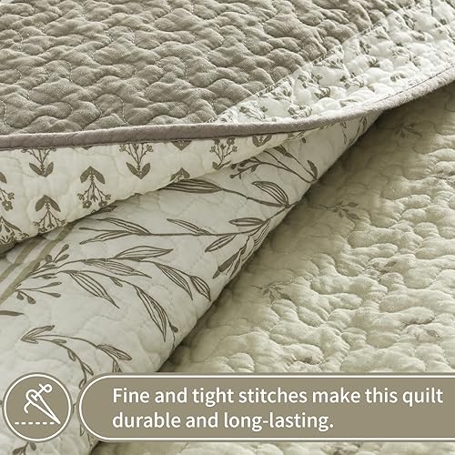 Miniatura 5 de KALOOLA Colchas de algodón tamaño Queen  Juego de edredón reversible ligero de 3 piezas, colcha botánica de granja, tamaño Queen, juego de ropa de