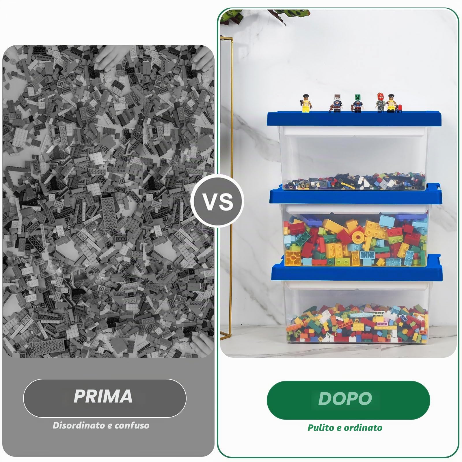 Greentainer Contenitori portaoggetti con coperchi per Lego Cube Scatola dei giocattoli per bambini Scatole di plastica impilabili Organizzatore con vassoio rimovibile Contenitori artigianali per