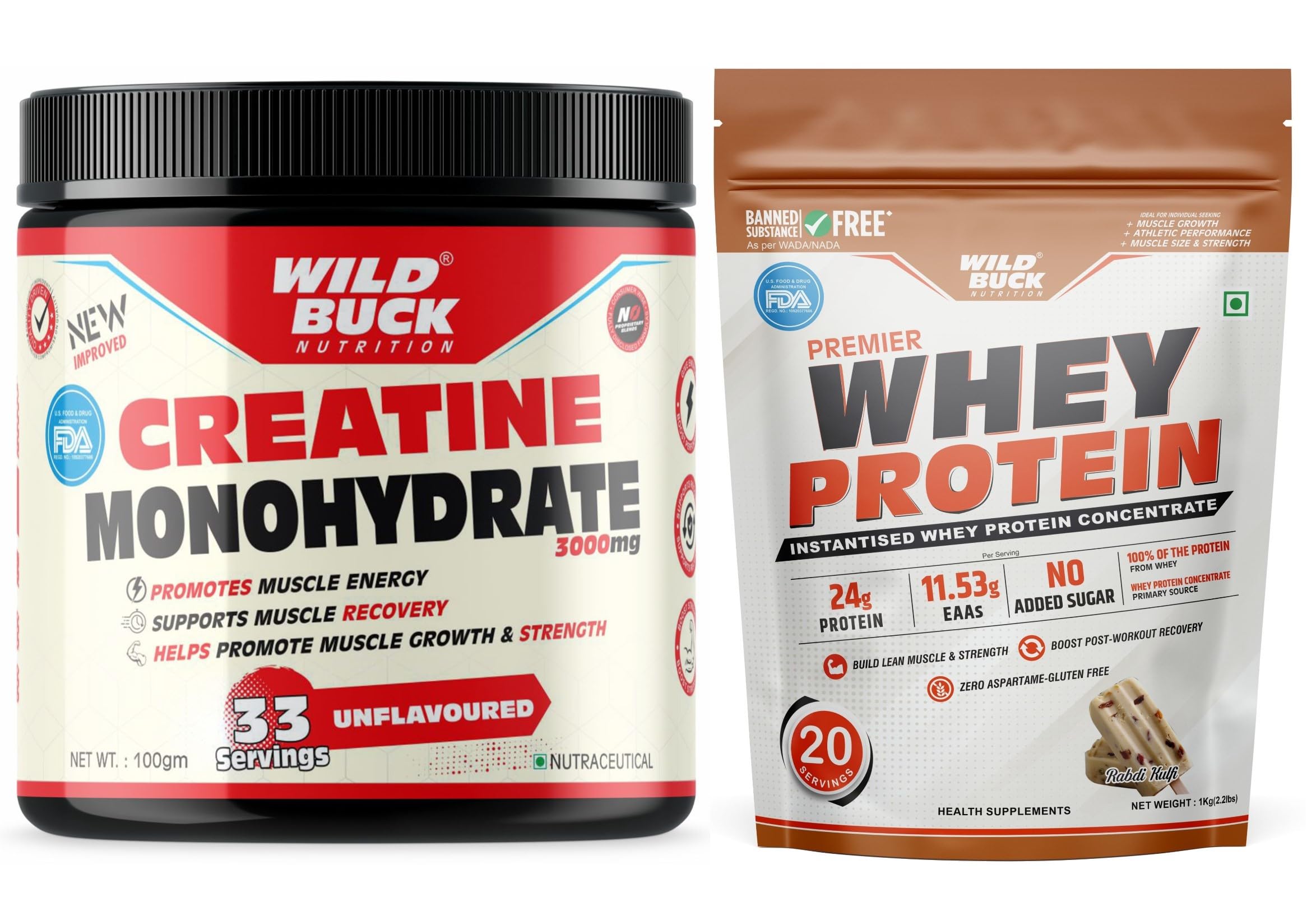 Creatine Monohydrate Powder, Strength, Reduce Fatigue, 100% Pure Creatine, Lean Muscle Building, Supports Muscle Growth, Athletic Performance, Recovery [33 Servings, Unflavoured] + WILD BUCK Premier Whey Protein Concentrate 100%, 24g High Protein, 5.43g BCAA, 11.53g EAA & Added Digestive Enzymes | Muscle-Building Whey Protein Powder | Sports Drink for Recovery & Muscle Growth | For Men & Women [1kg, Rabdi Kulfi]