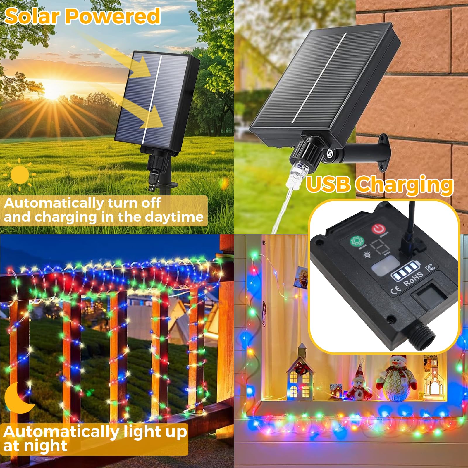 Aofonchy Solar LED Rope Lights Outdoor, 66Ft 200 LEDs Waterproof Tube String Lights with 8 Modes & Remote Control - Image 4