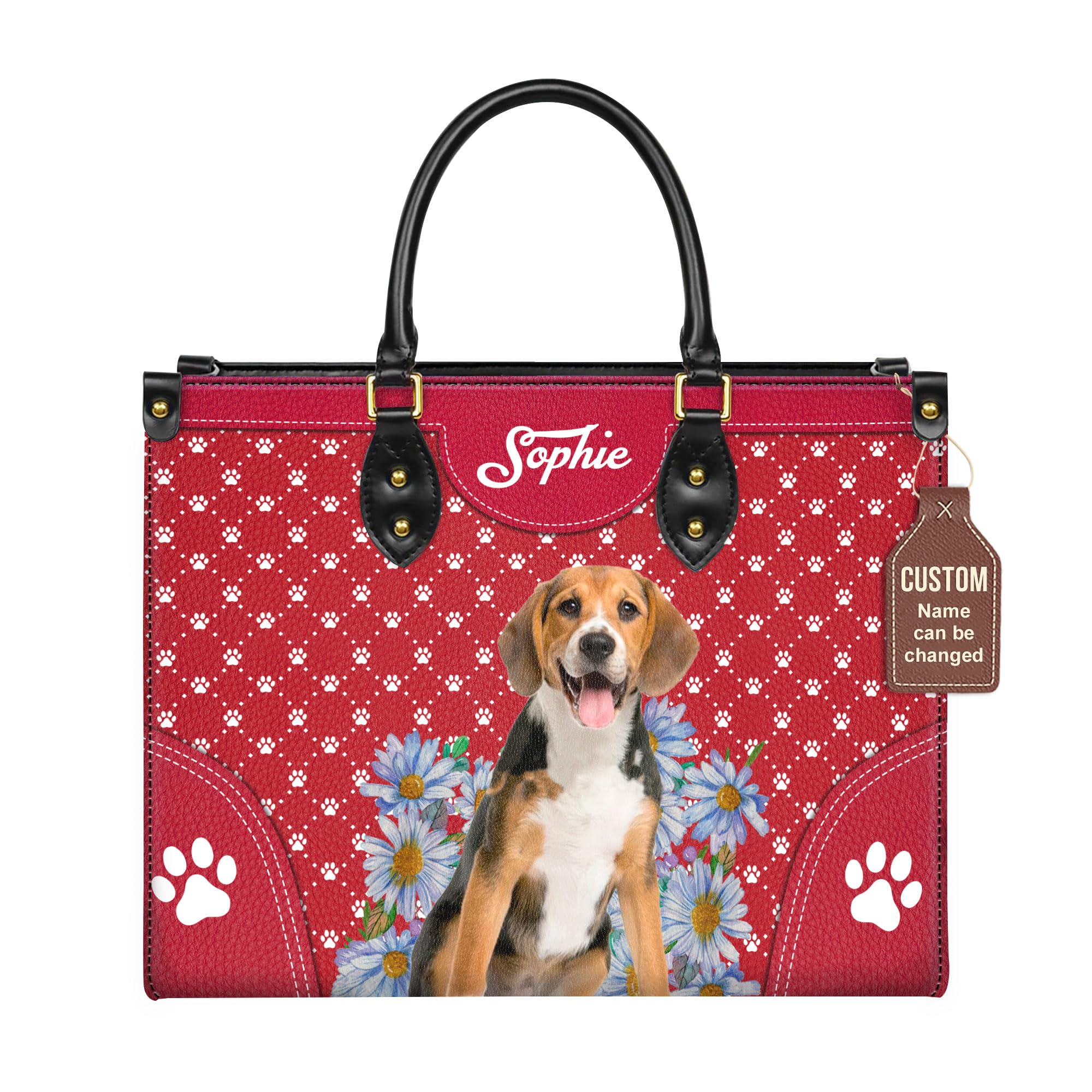 Personalized Beagle Dog Handbags, Custom Name Dog Leather Bags, Purses, Shoulder Bag, Gift For Dog Mom Dog Lover Red