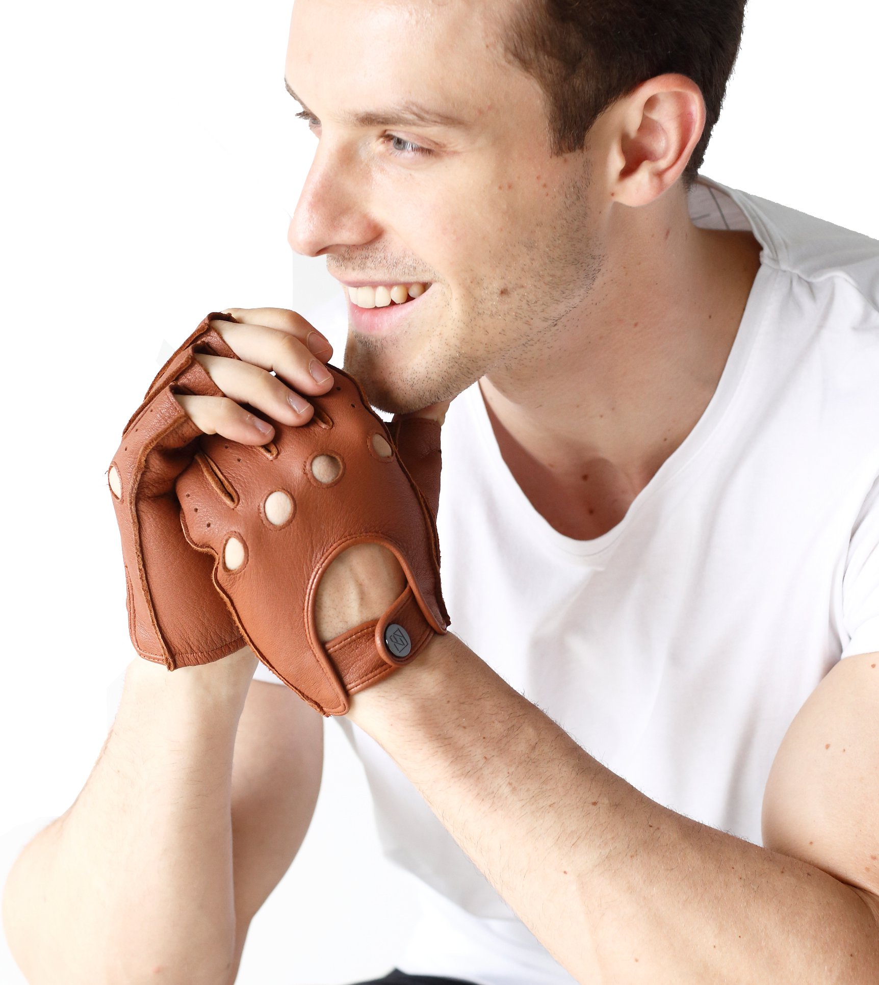 NappaNovum Men's Classic Fingerless Gloves Italian Deer Unlined Skin Half Finger Driving Cycling Outdoor Gloves (XL, Camel)