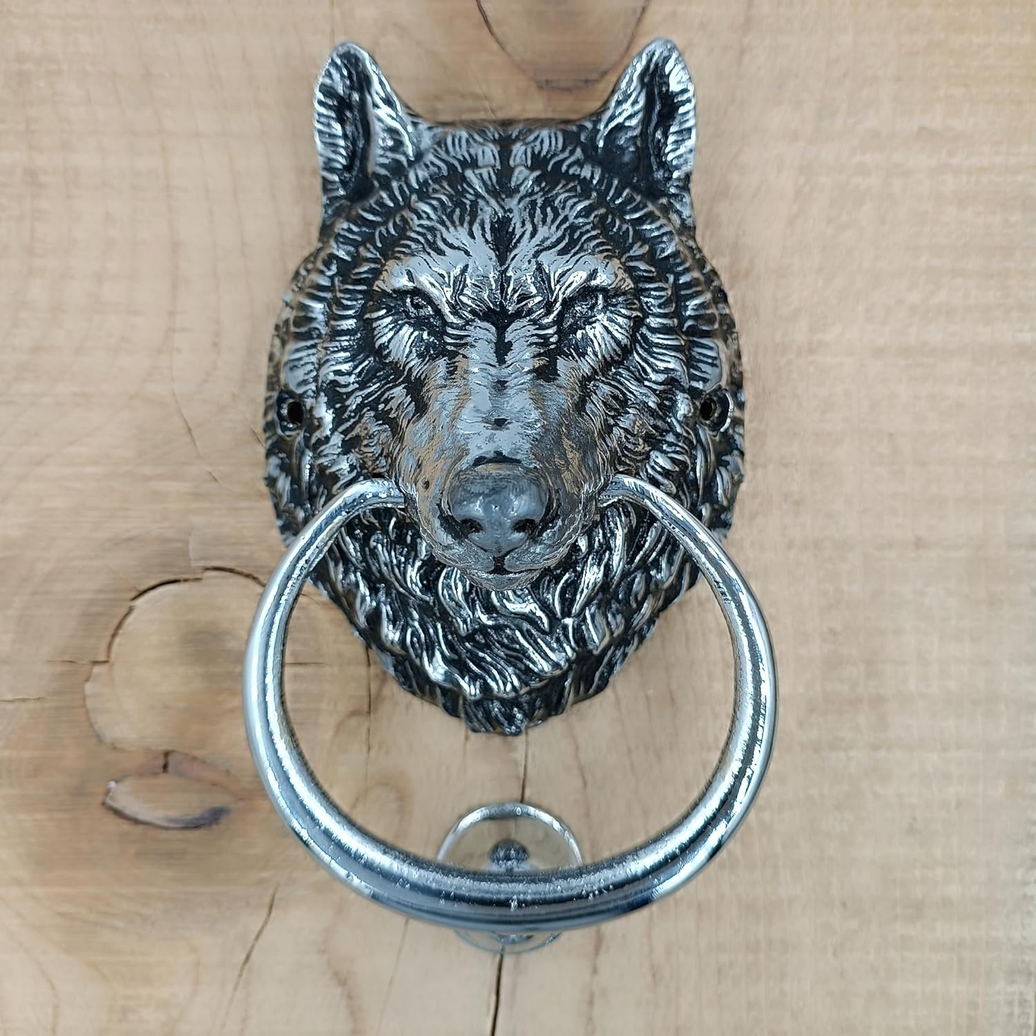 Wolf Head Door Knocker,6.3 inches Tall,Solid Brass,Wolf Front Door Ornament(Antique Silver)