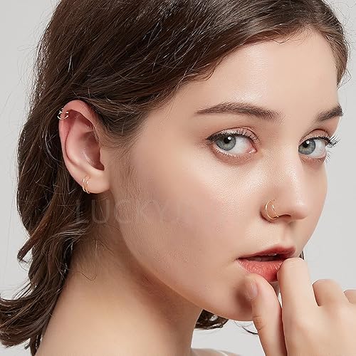 Miniatura 7 de LUCKYJEWUS Anillo de aro de doble nariz en espiral de plata de ley 925 para un solo piercing, hecho a mano, pequeño anillo de nariz, joyería para