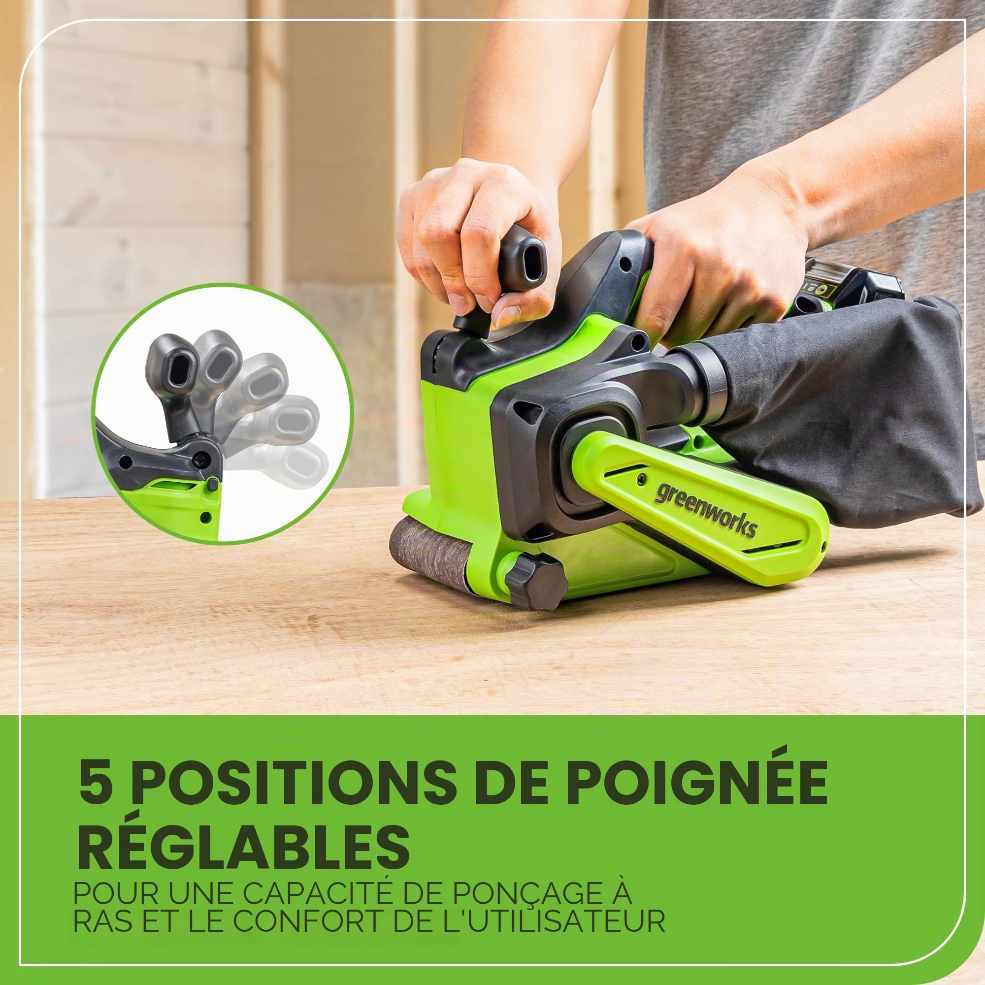 Greenworks Kit de ponceuse à bande sans fil 24 V sans balais de 7,6 x 45,7 cm avec sac à poussière et papier abrasif grain 60, outil uniquement