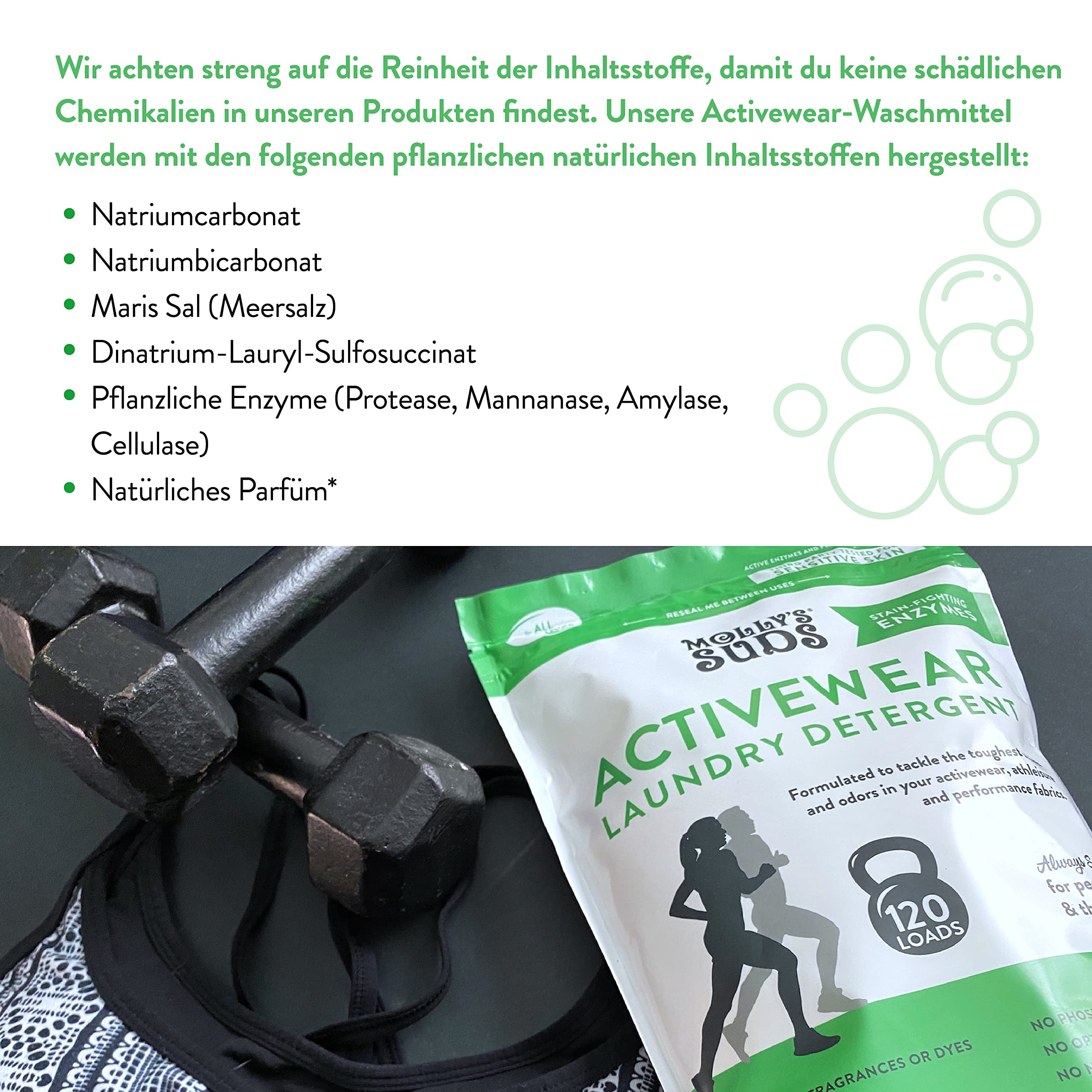 Molly's Suds Active Wear Waschmittel Pulver I Natürliches extra starkes Waschpulver, schmutzabweisend und sicher für Aktivbekleidung und empfindliche Haut I 120 Waschladungen