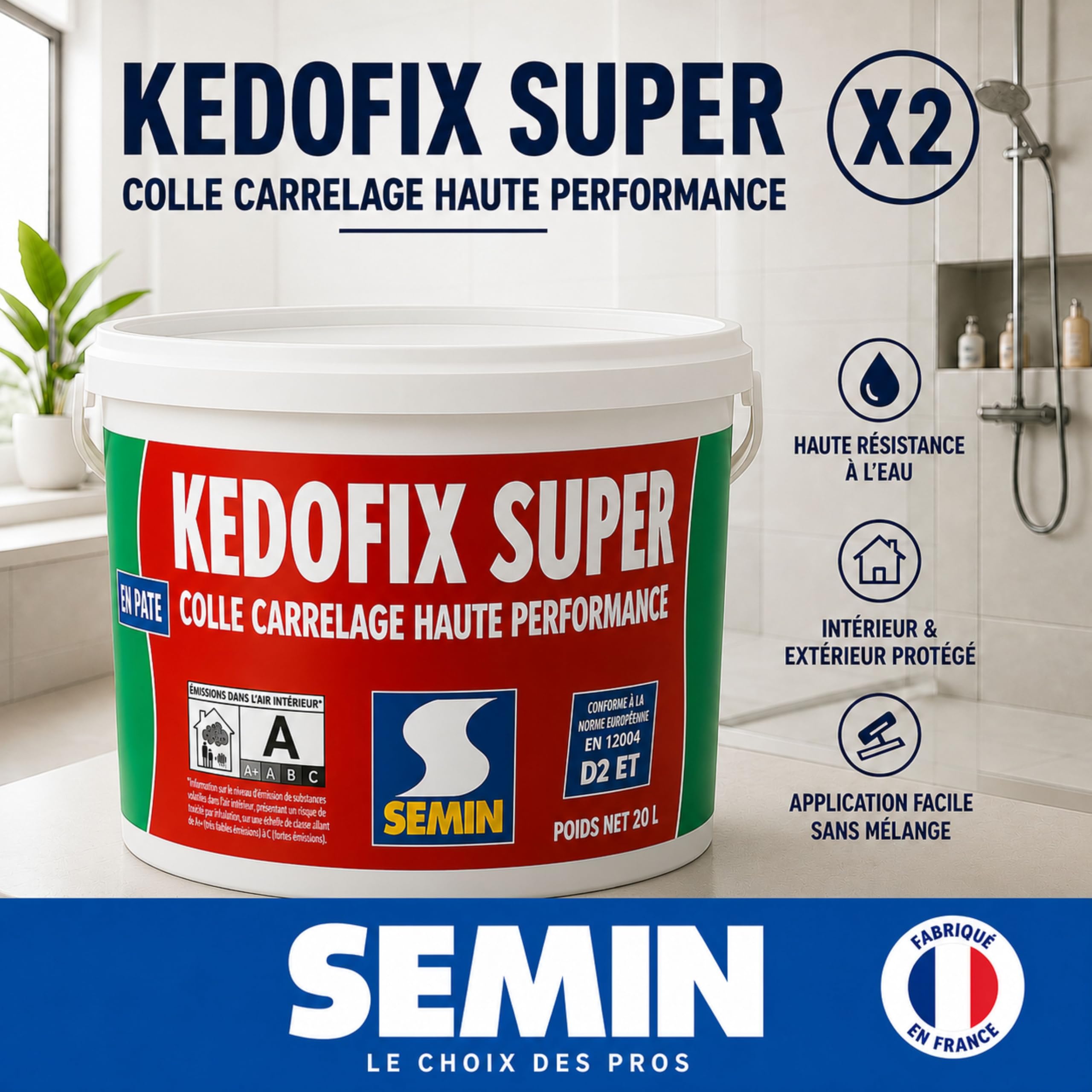 Semin KEDOFIX SUPER Colle Carrelage Murale- 2 X 20 kg – Prête à l’Emploi Sans Ciment – Intérieur & Extérieur Protégé – Haute Résistance à l’Eau – Spécial Pièces Humides –Faïence, Pierre, Pâte de Verre