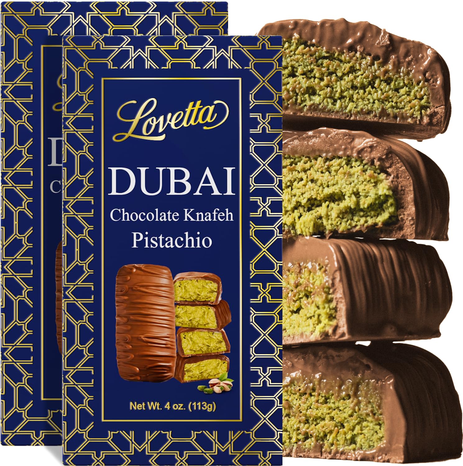 Lovetta Dubai Milk Chocolate Bar Pistachio Knafeh - Luxury Rich Chocolate, Individually Wrapped Fresh, Premium Pistachio Cream Katafi Filling (2 Pack)