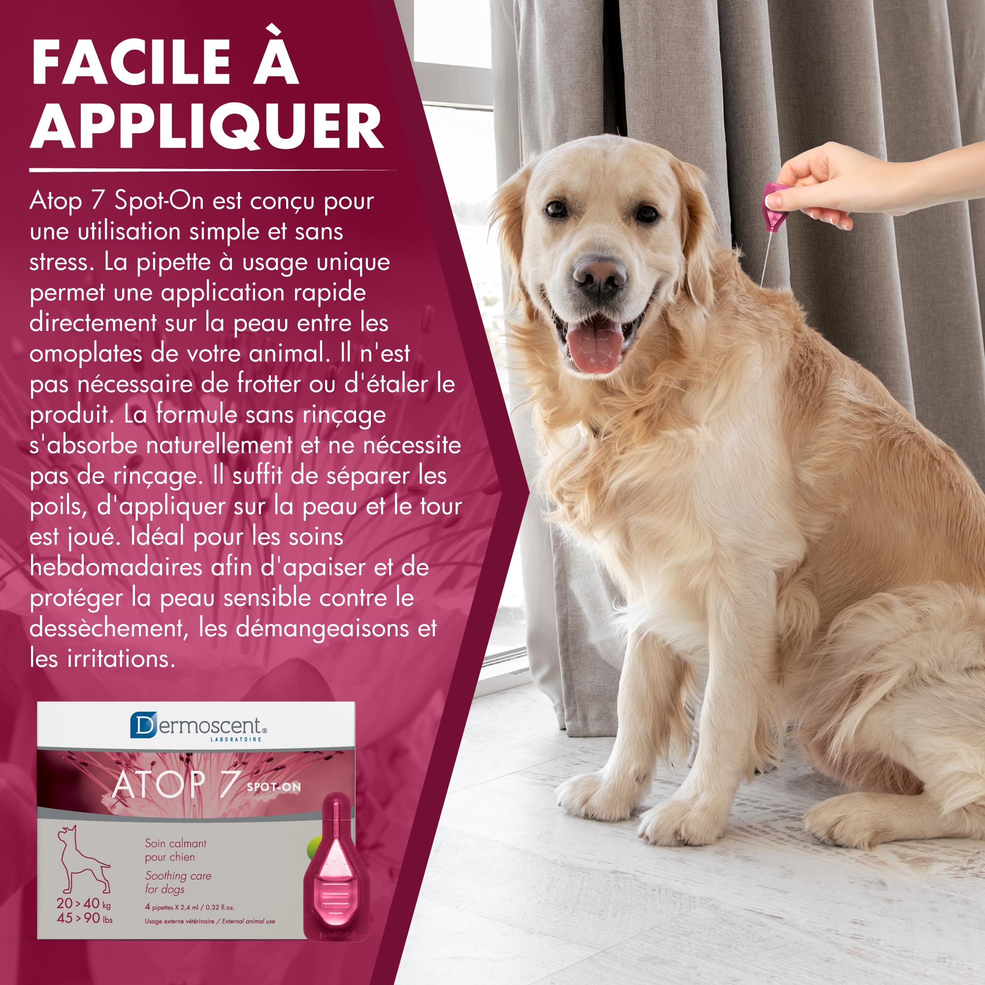 ATOP 7 Spot-on pour Chiens 20–40 kg | Soin Apaisant sans Rinçage | 4 Pipettes x 2,4 ML | Dermoscent