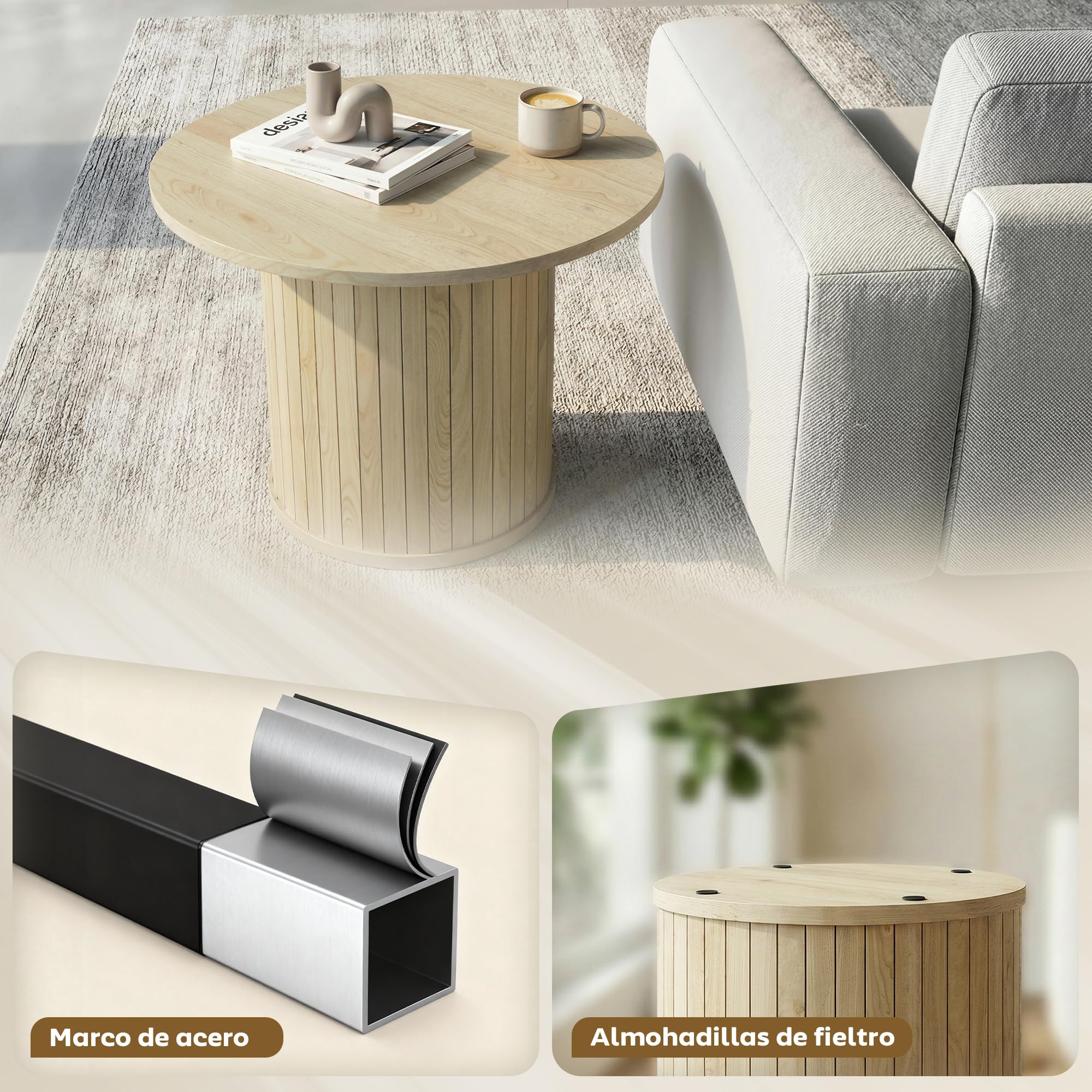 HOMCOM Mesa de Centro, Mesa Baja para Salón Redonda con Base de Columna con Listones, para Sala de Estar, Dormitorio, Ø60x40 cm, Natural