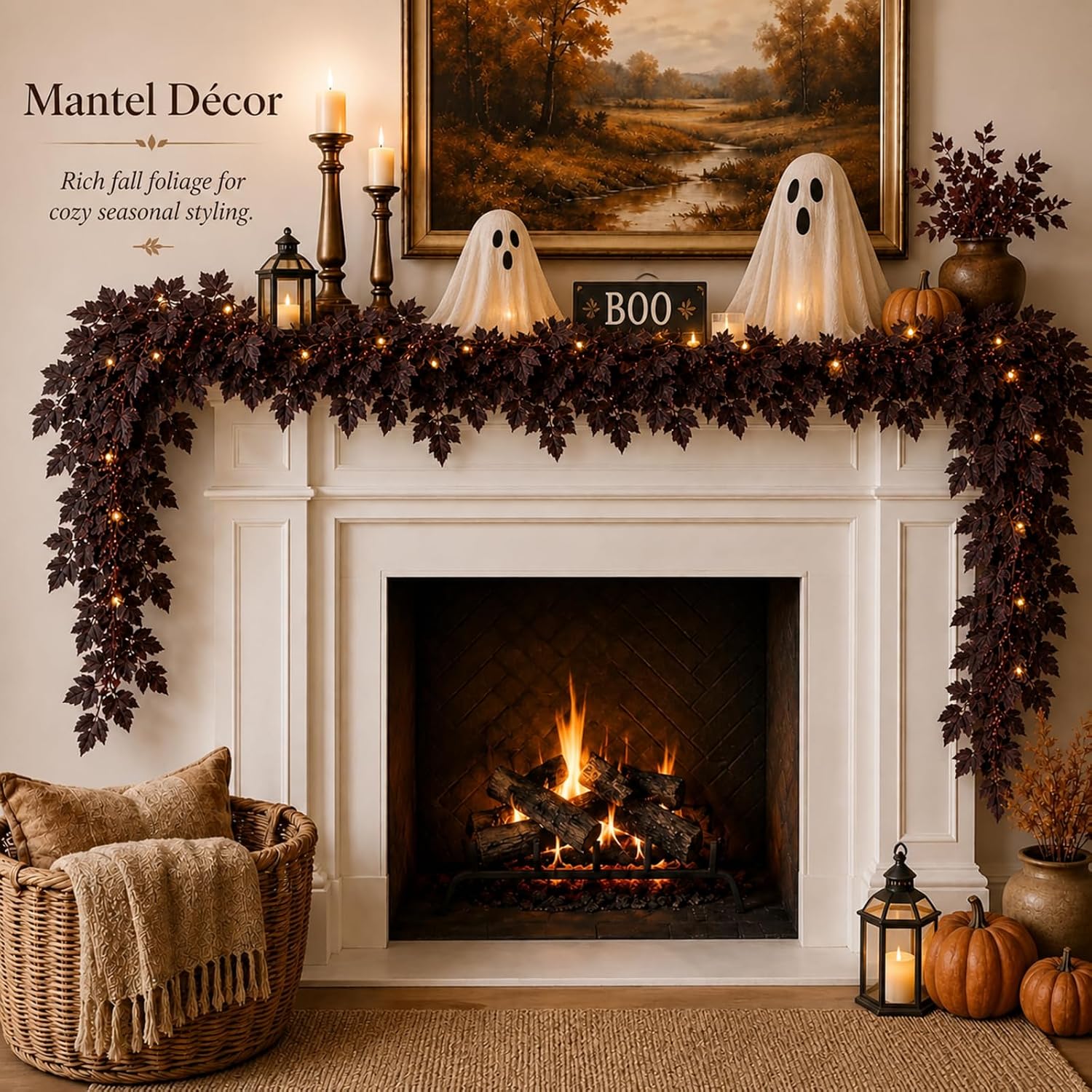 6 ft Fall Garland for Mantle Halloween Dark Plum Leaf Garland