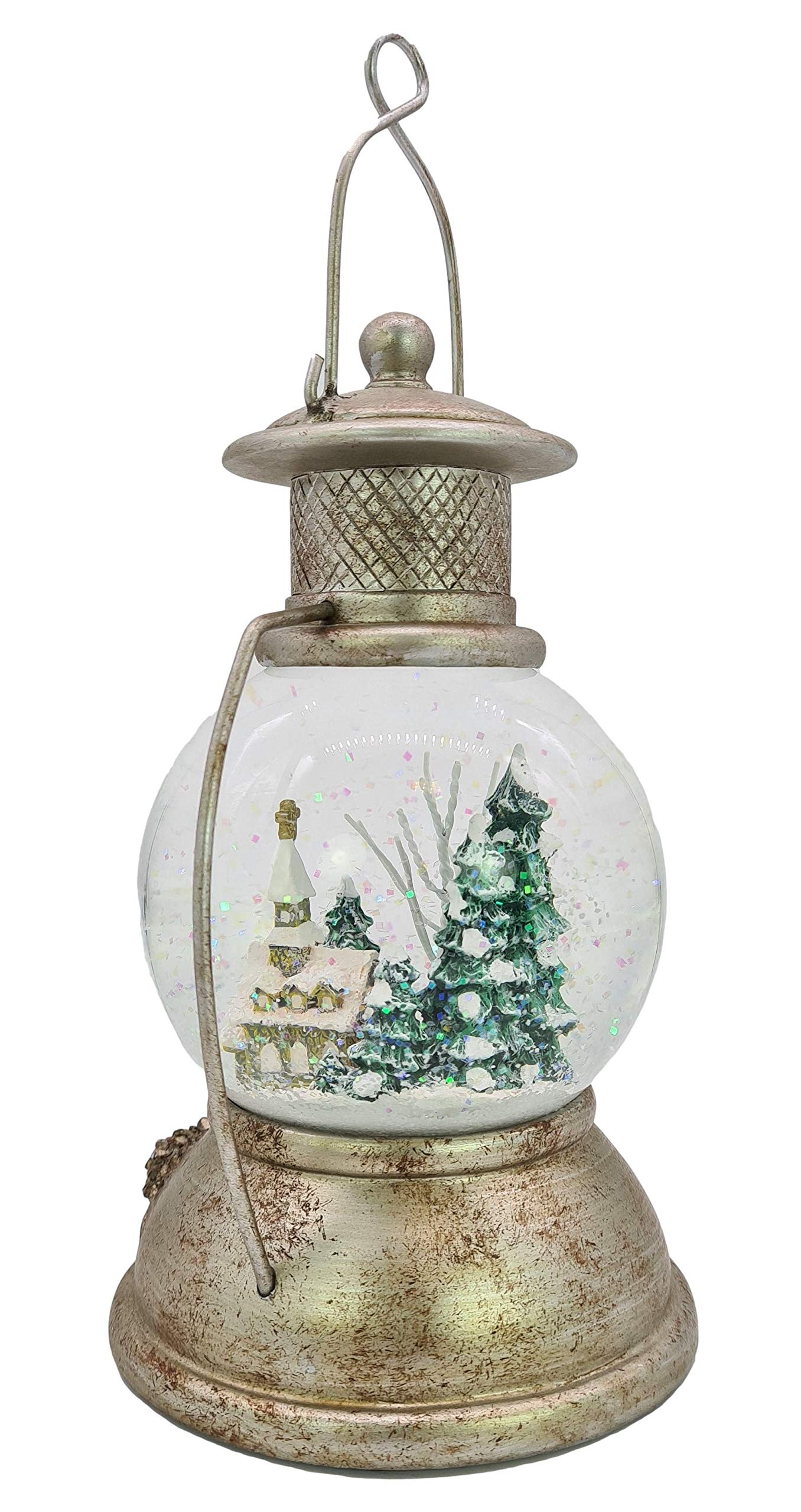 Wichtelstube-Kollektion XL LED Schneekugel Weihnachten Laterne viele Melodien Glitzerkugel Winterwald Vintage Weihnachtslaterne Weihnachtsdeko beleuchtet Batteriebetrieben