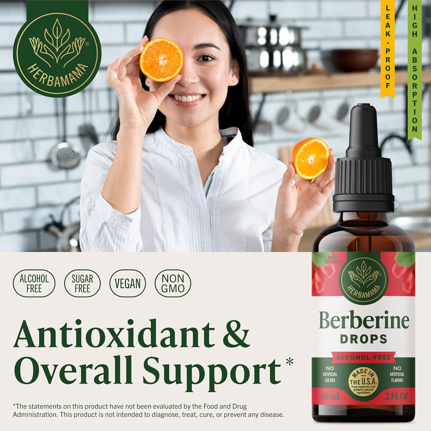HERBAMAMA Berberine Liquid Drops - Vegan Antioxidant & Overall Support with Berberine HCL 500mg Extract Tincture - Non-GMO, Alcohol & Sugar-Free Supplement, 42-Day Supply