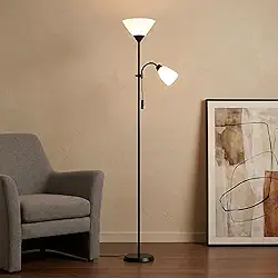 Luminária de Chão com Abajur Duplo Articulado para Leitura – Design Moderno, Base Metálica Estável, Soquete E27 Bivolt – Ideal para Quarto, Sala e Escritório (PRETO)