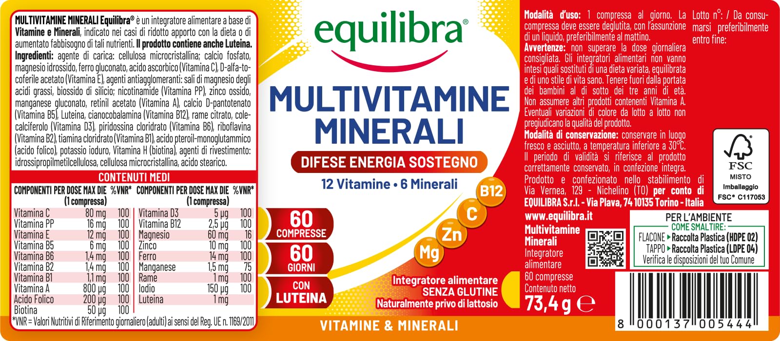 Equilibra Integratori Alimentari, Multivitamine e Minerali, a base di 12 Vitamine e 6 Minerali con Luteina, Indicato per Diete Povere di Minerali e Vitamine o Aumentato Fabbisogno, 60 Compresse
