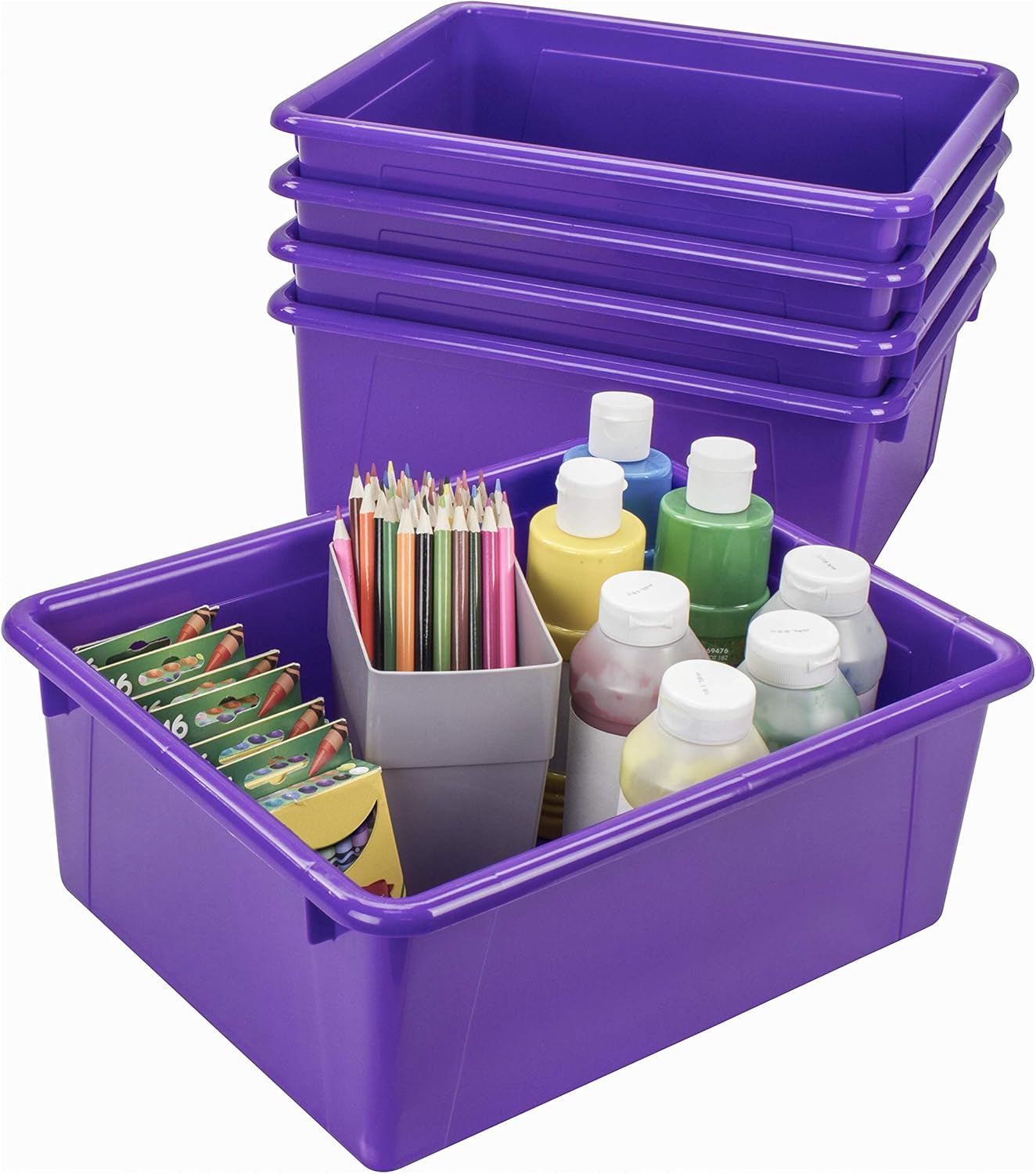 Storex Letter Size Deep Storage Tray – Organizer Bin with Non-Snap Lid for Classroom, Office and Home, Violet, 5-Pack (62548U05C)