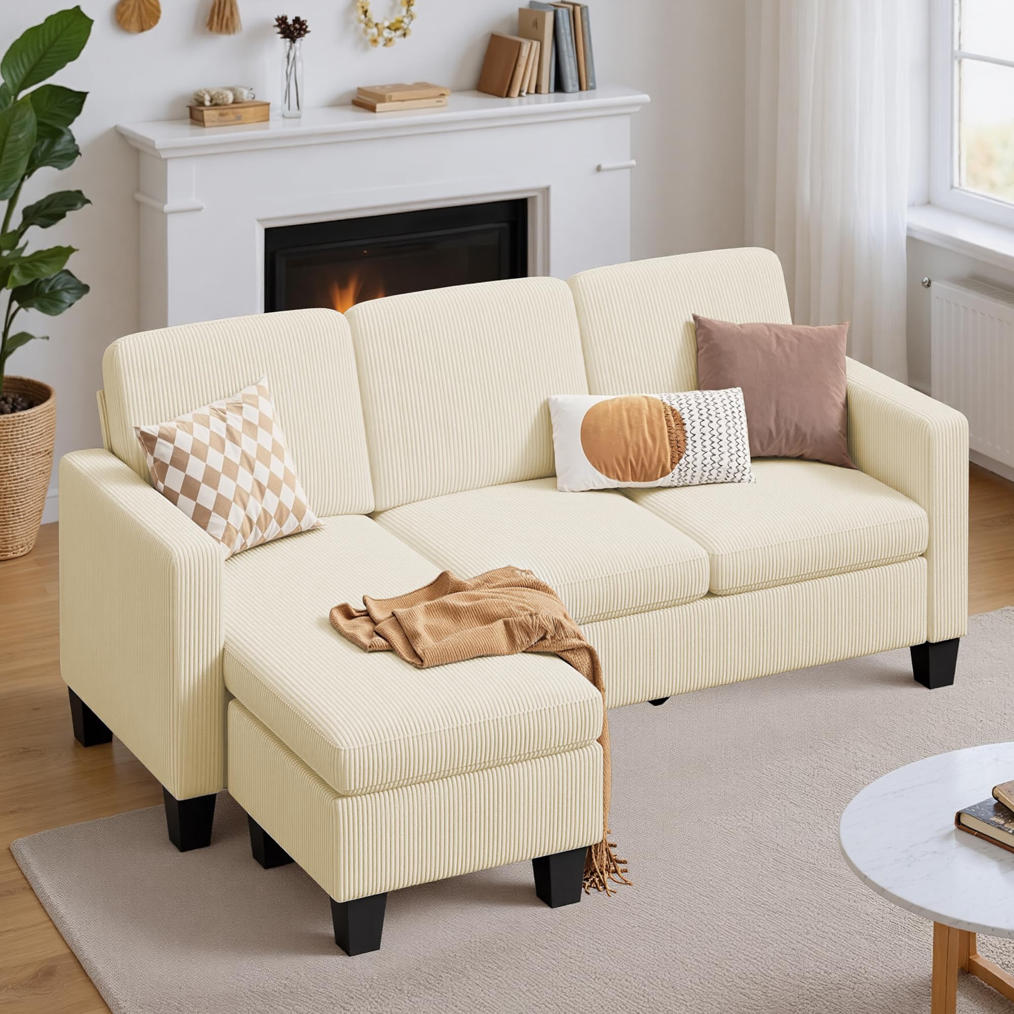 Xbro Divano angolare 3 posti a L con chaise longue fissa, imbottitura in spugna ad alta resilienza, tessuto in cotone e lino traspirante per soggiorno moderno, Giallo beige