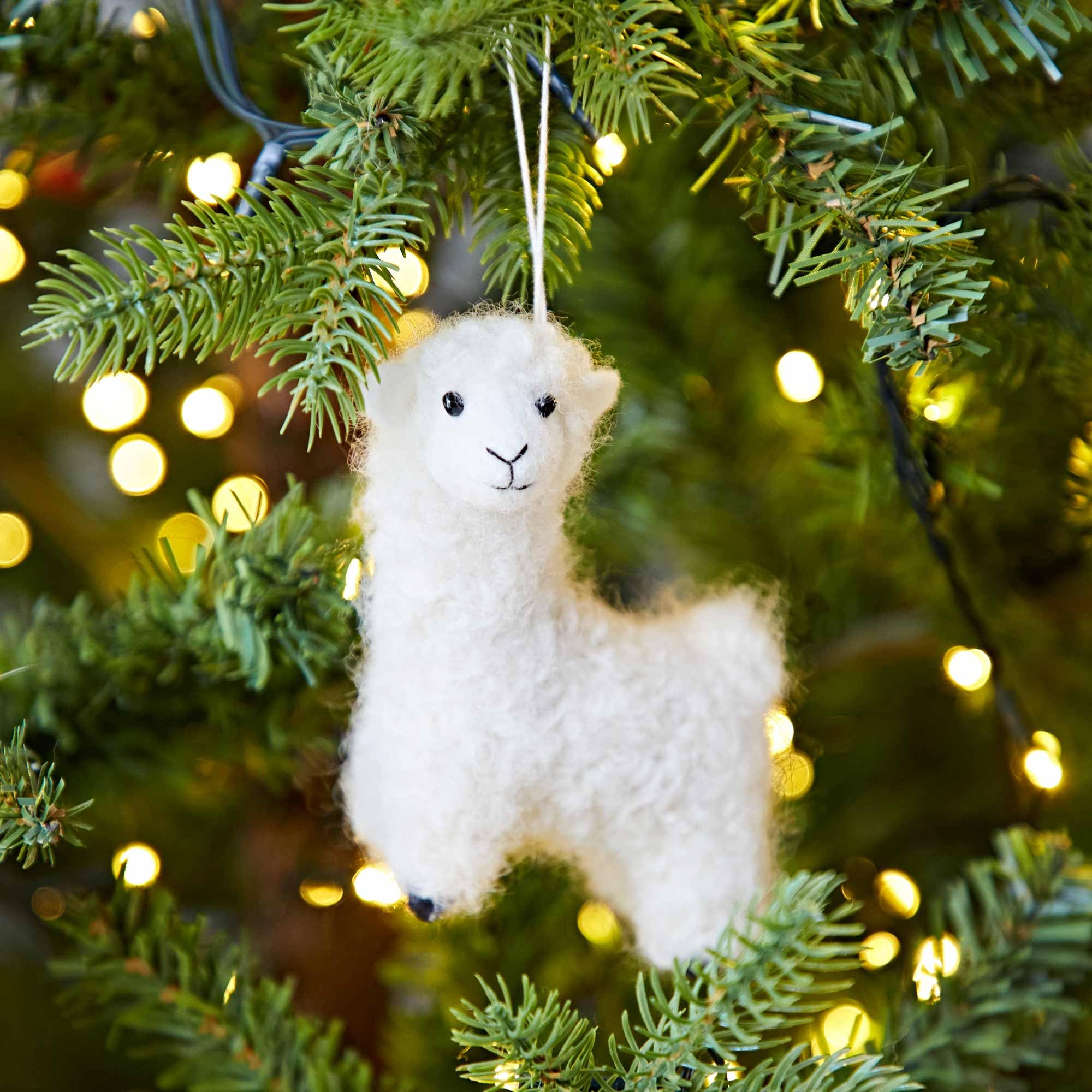 Paper High Women's White Felt Alpaca Christmas Decoration - Felted Ornament - Wool Christmas Bauble - Felt Handmade Xmas Décor - Classic Tree Ornament