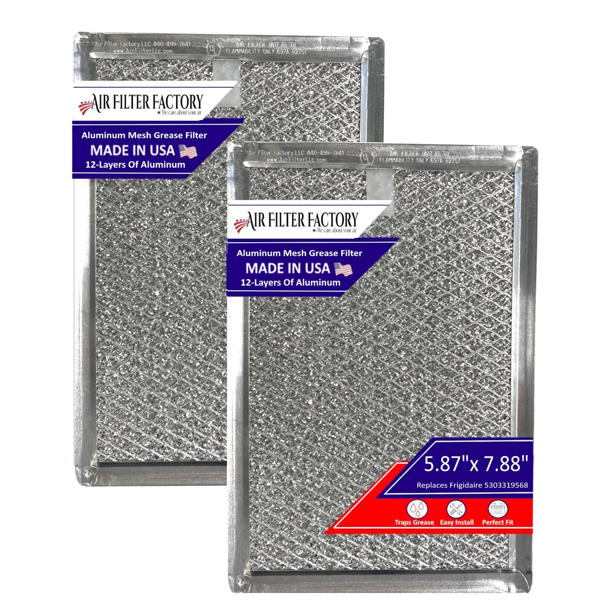 Air Filter Factory 2-Pack Compatible Replacement for Frigidaire 5303319568 Aluminum Grease Mesh Microwave Oven Filters 5-7/8 x 7-7/8 x 1/8 Inches