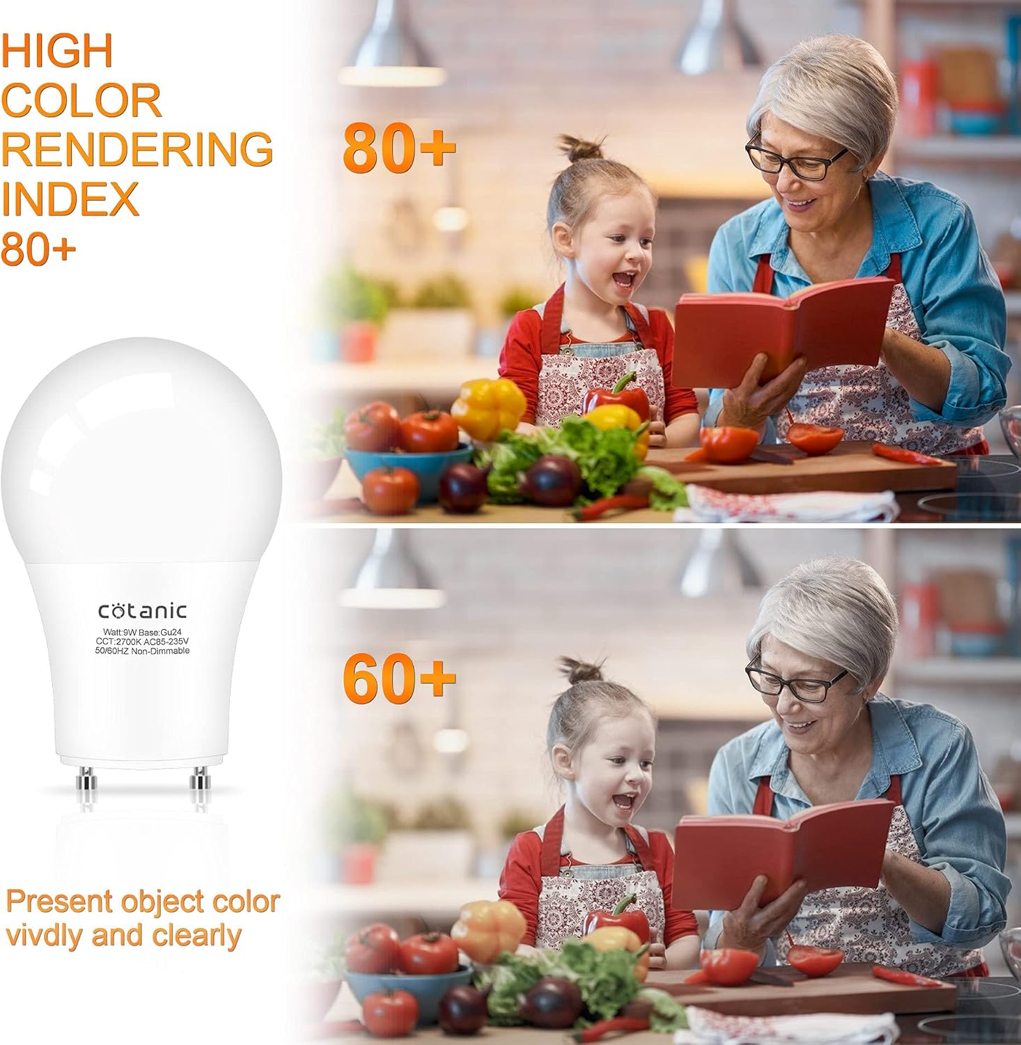 Cotanic GU24 LED Light Bulb 2700K Warm White, 2 Prong Light Bulbs for Ceiling Fan, Twist-in and Lock Base 9W 60W CFL Replacement, Non-dimmable, 900LM, 4 Pack