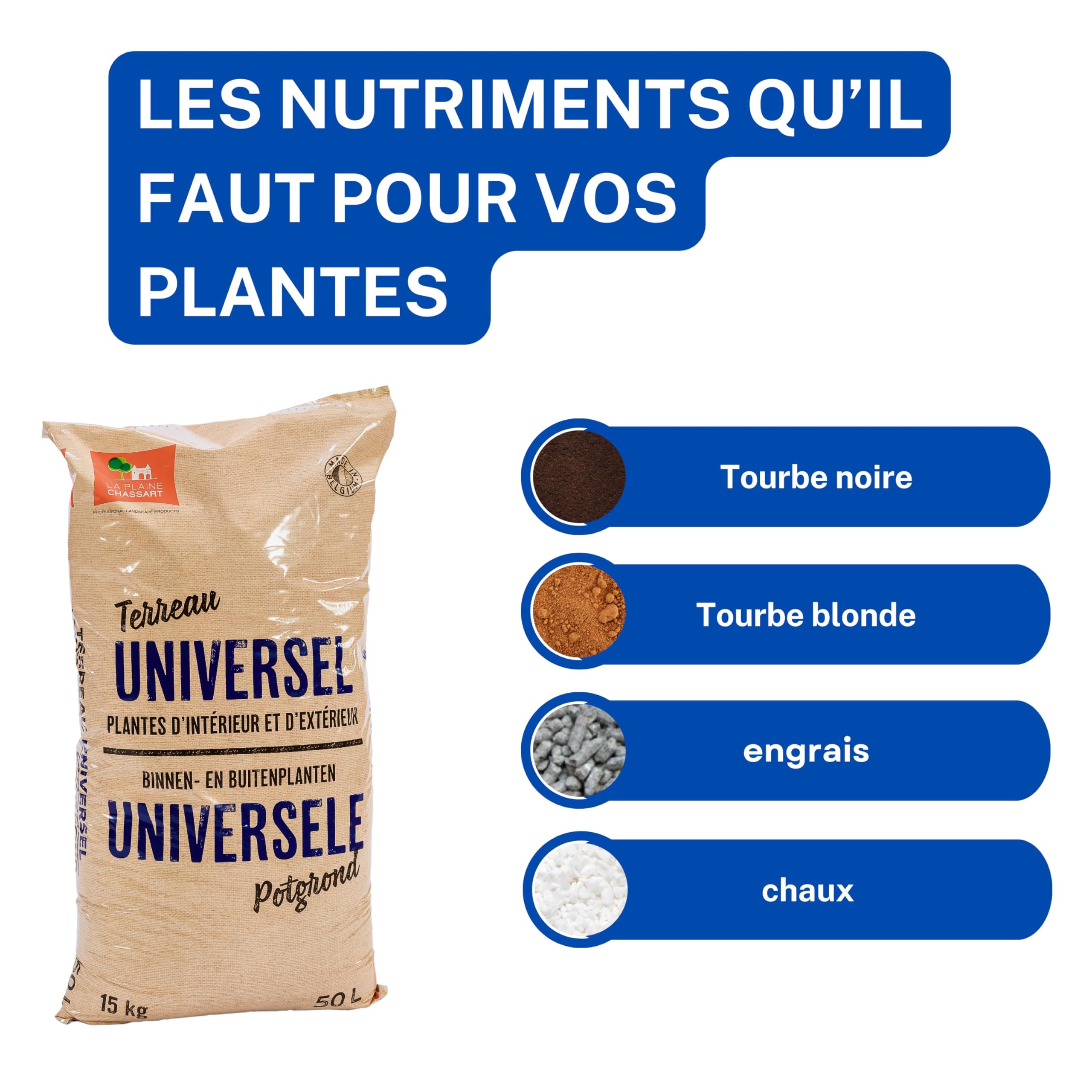 La Plain Chassart Universal-Pflanzerde - Für alle Pflanzen-Sorten im Garten & Indoor - Nährstoffreiche Formel mit Torf - Erde für Zimmerpflanzen, Balkonpflanzen & Outdoor-Pflanzen - 50 Liter