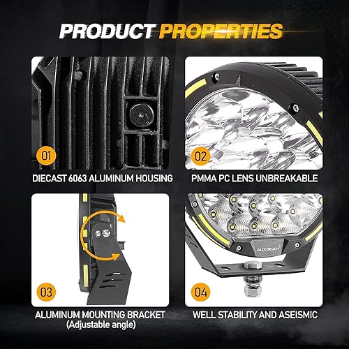 Miniatura 9 de Auxbeam Luces ámbar para todo terreno de 9 pulgadas, luces redondas para todo terreno con cubiertas amarillas ámbar, kit combinado de 270 W 37776 LM