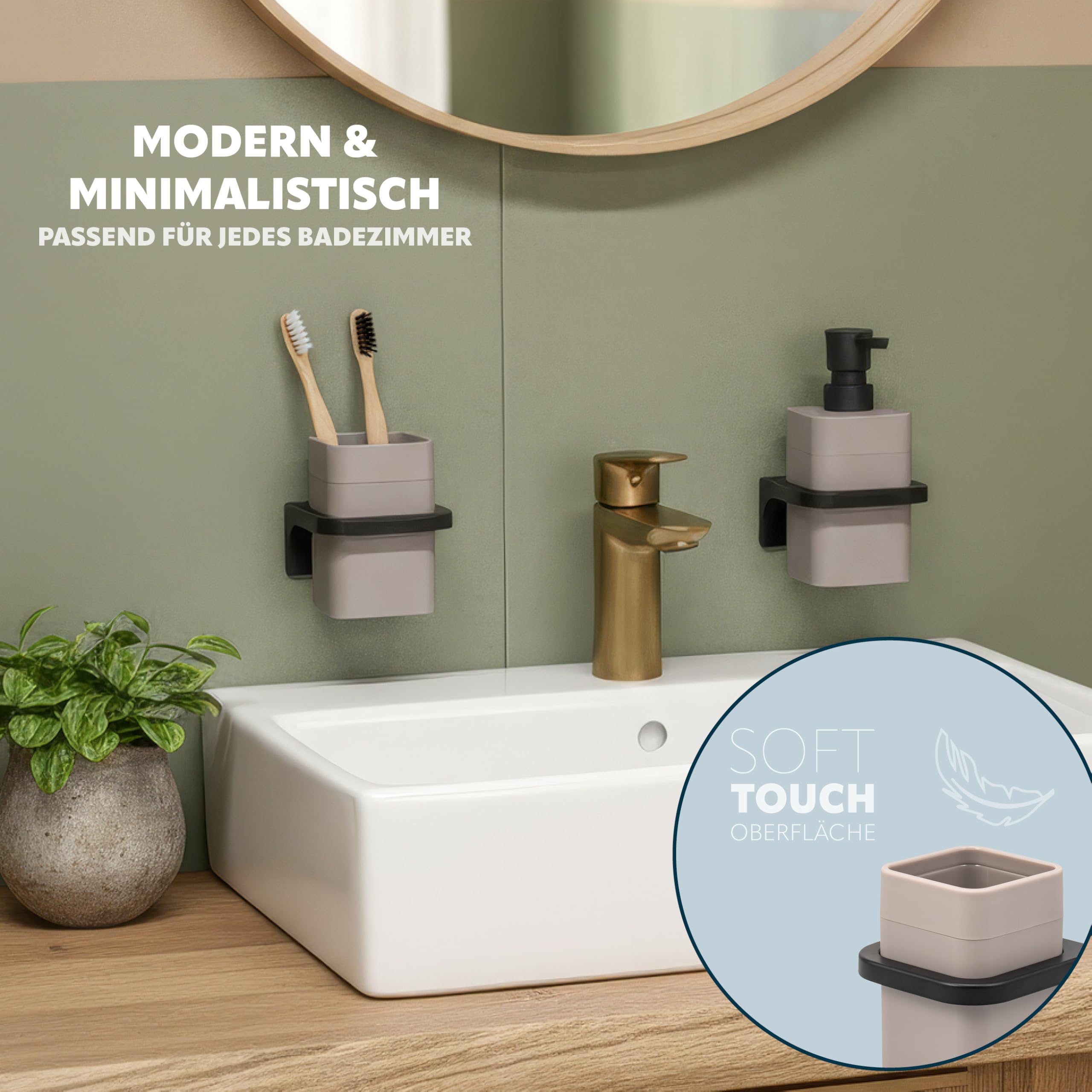 bremermann Zahnputzbecher Savona mit Soft-Touch Oberfläche, eckiger Becherhalter inkl. Wandhalterung zum Kleben oder Bohren, Zahnbürstenhalter aus Kunststoff (Taupe)