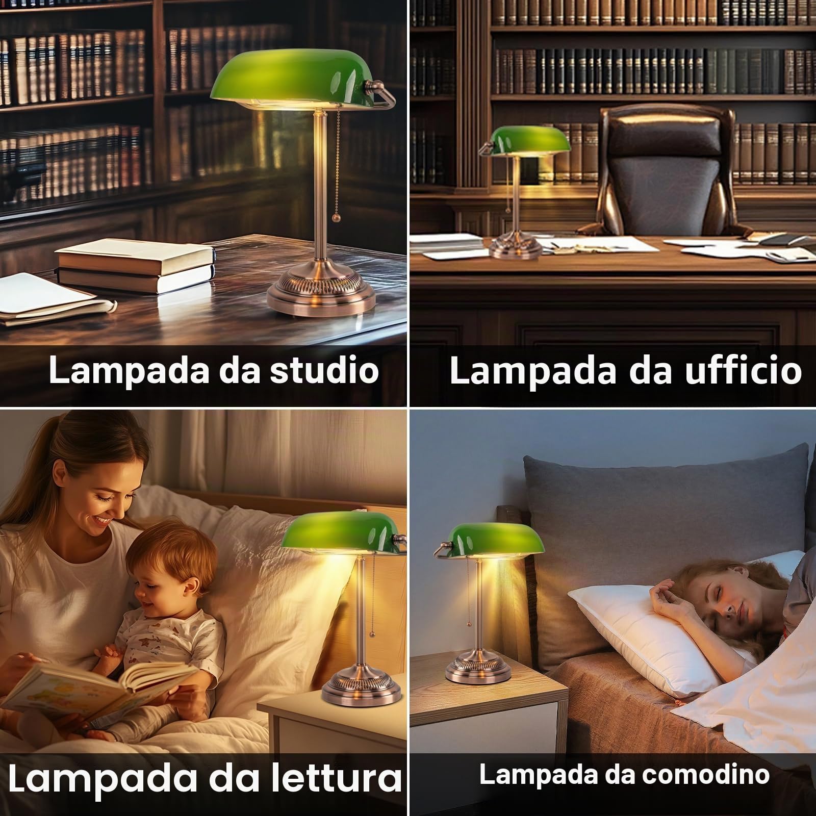 FIRVRE Lampada da scrivania banchiere in vetro verde, lampada da scrivania vintage con interruttore a catena, lampada da tavolo retrò per home office, biblioteca, pianoforte