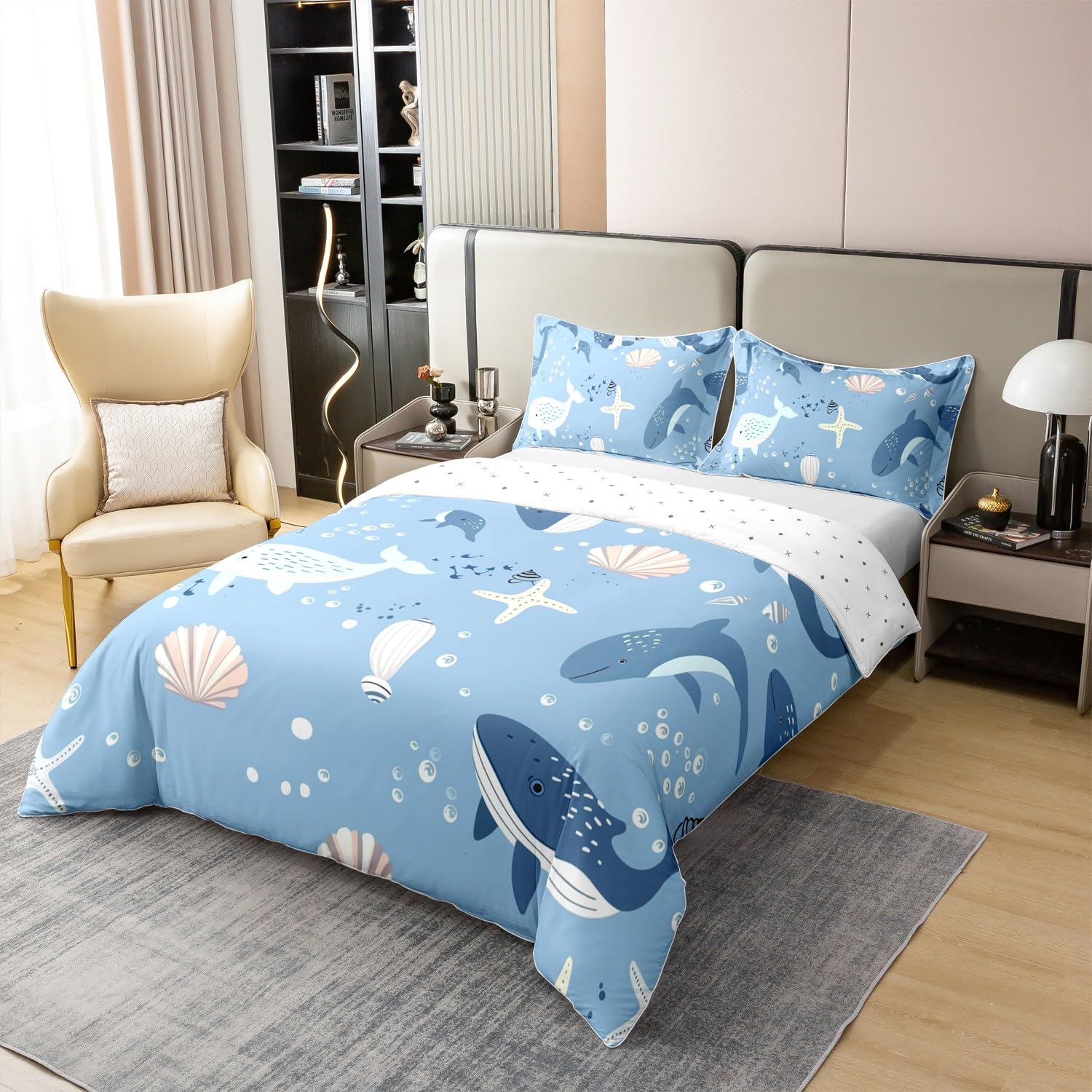 Loussiesd Kinder Wal Baumwolle Bettwäsche Set 135x200cm Jungen Mädchen Fische Bettbezug Set Muscheln Betten Set Unterwasser Welt Meereslebewesen Sealife Bettdeckenbezug