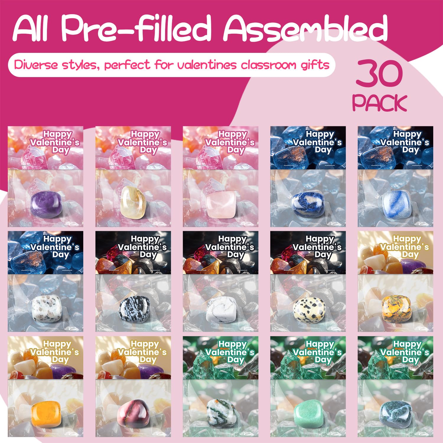 30 Pack Prefilled Valentines Cards & Crystal - Valentines Day Gifts for Kids Classroom - Gem Rock Valentines Day Cards for Kids School Classroom Class Exchange Boys Girls Bulk Prizes Party Favors