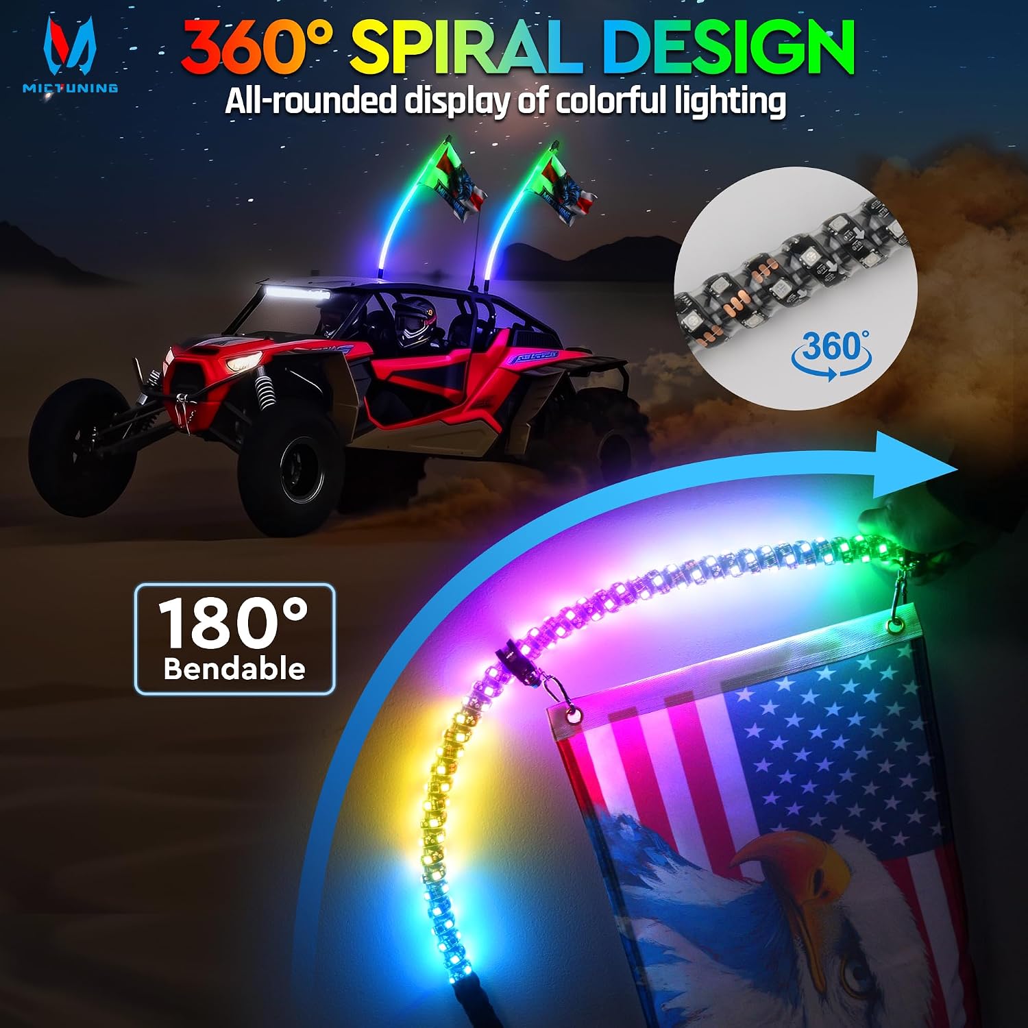 MICTUNING 1pc 3ft Spiral LED Whip Light with 4 Flags, RF Remote Control, RGB Chasing Lighted with Rocker Switch, for UTV ATV Polaris RZR Can-Am SXS Trucks Dunes