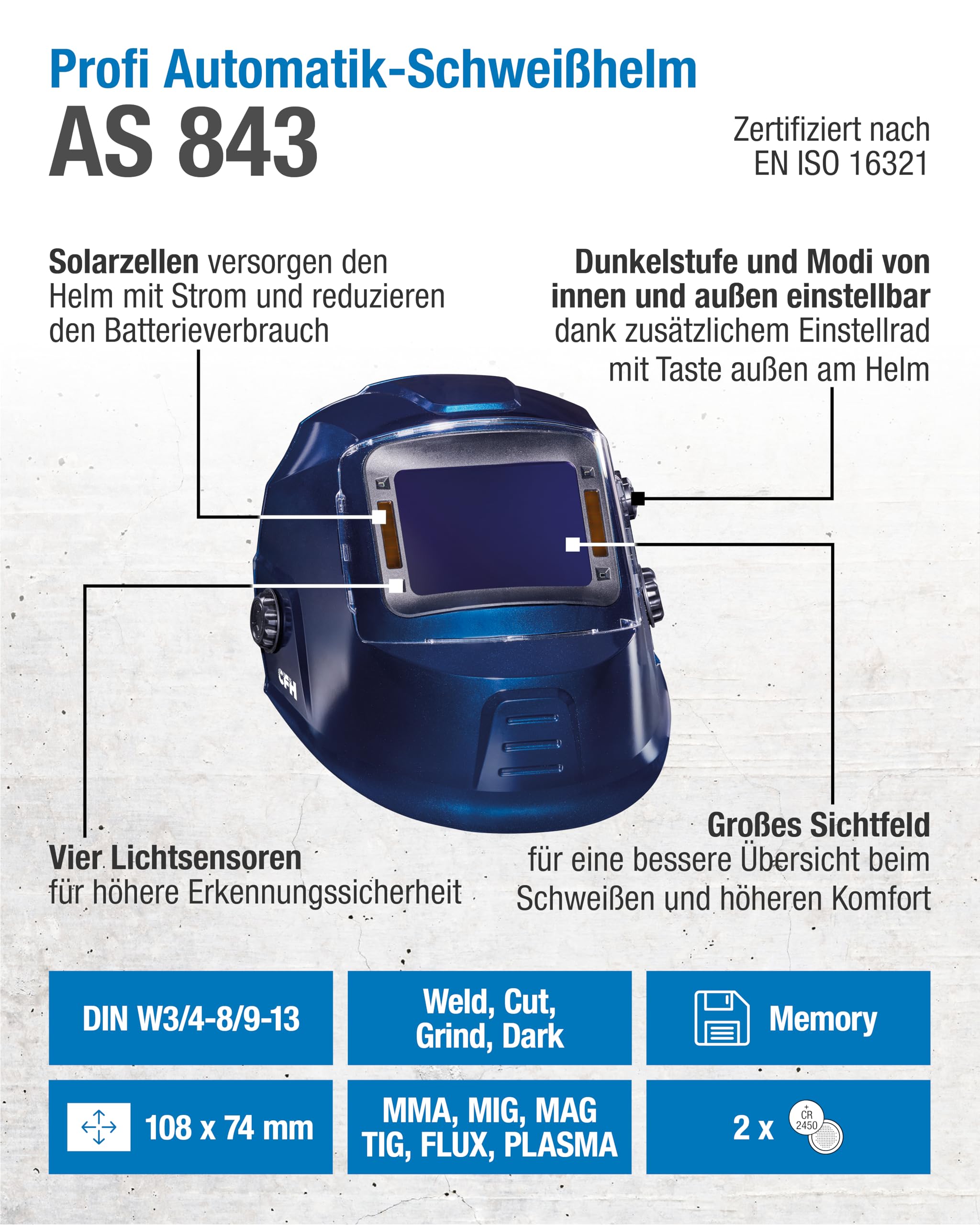 CFH Profi Automatik-Schweißhelm AS 843 – 4 Lichtsensoren, Memory-Funktion, Low-Battery-Anzeige, Sichtfeld 108 x 74 mm, UV/IR-Schutz DIN 16, für MMA, MIG, MAG, TIG, FLUX, PLASMA und Schleifen