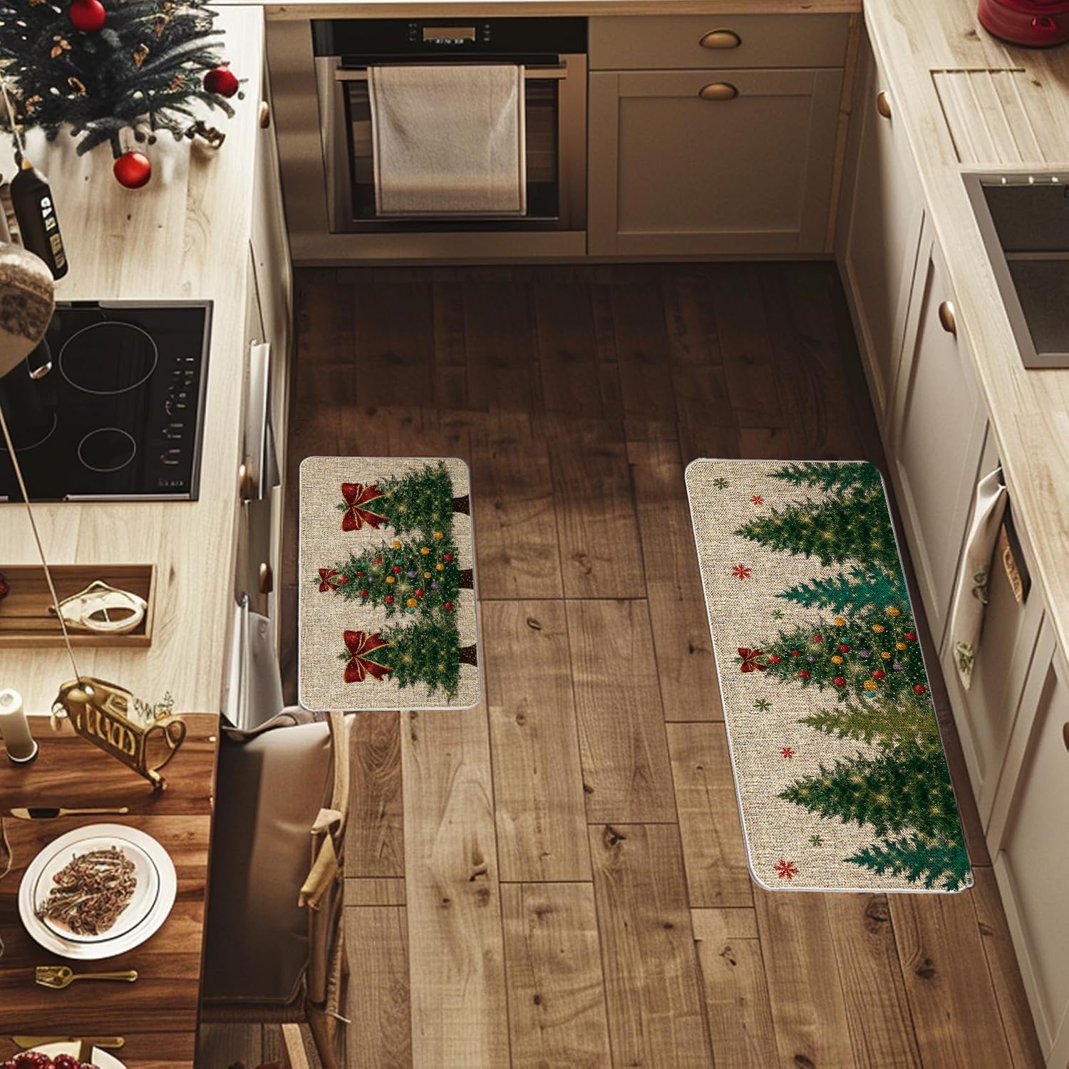 Christmas Tree Kitchen Rugs Set of 2 Christmas Kitchen Mat, Xmas Decorative Farmhouse Floor Mats for Home Kitchen Dining Room Decorations - 17x27 and 17x47 Inch