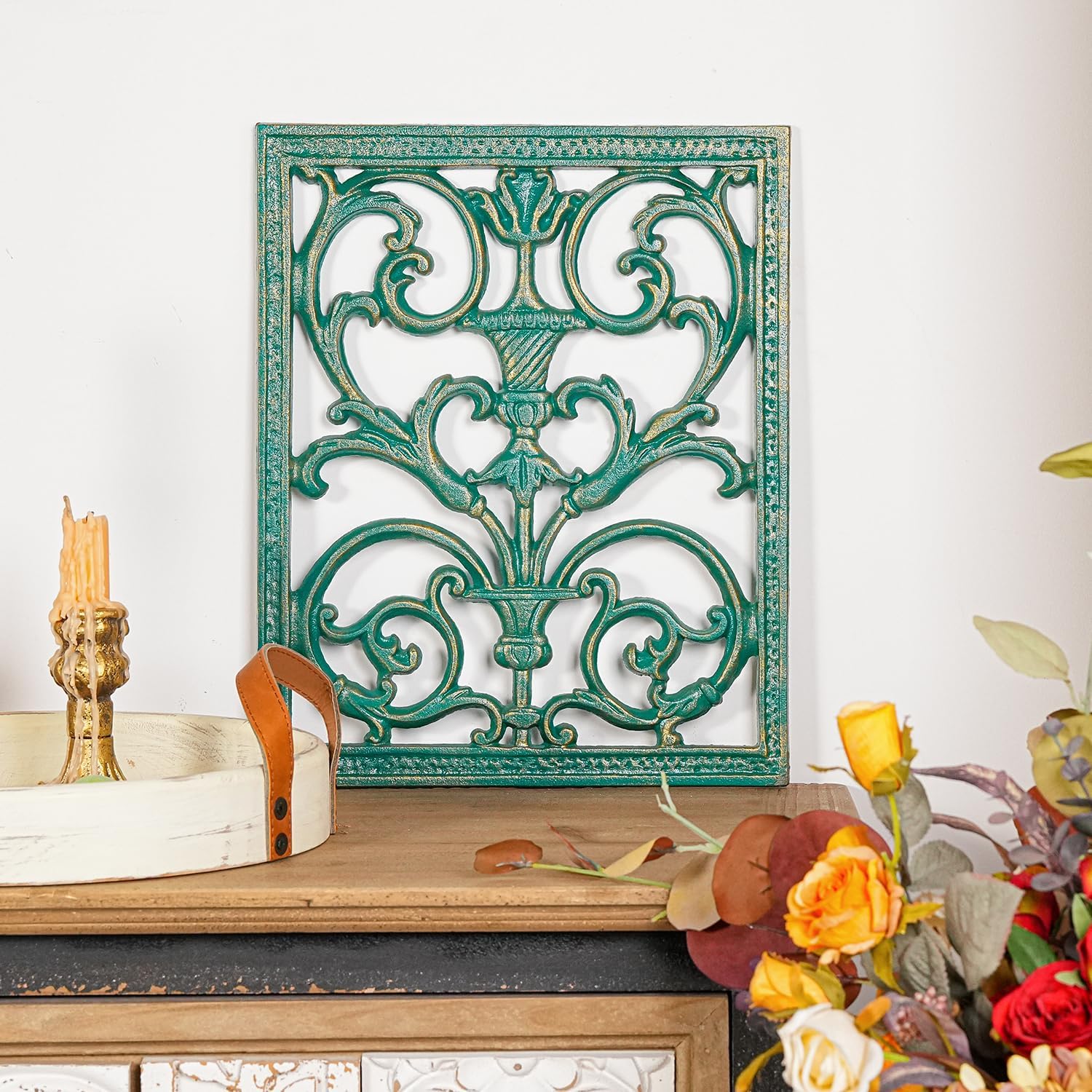Sungmor Cast Iron Scroll Wall Decor, Flower Carved Artwork, 12x15 Inch Intricate and Pretty Plaque, Living Room, Bedroom Decorations, Antique Green with Gold Accent