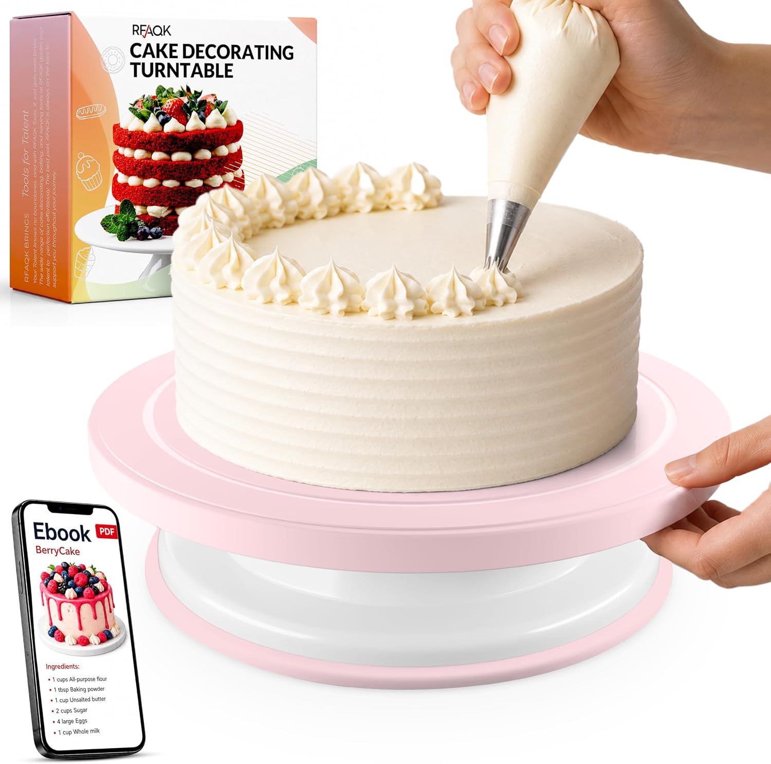 RFAQK 11 Inch Plastic Cake Decorating Turntable, Rotating Cake Stand for Beginners, Smooth Clockwise & Counterclockwise Cake Spinner for Icing, Frosting, Decorating for Birthday, Christmas and Easter