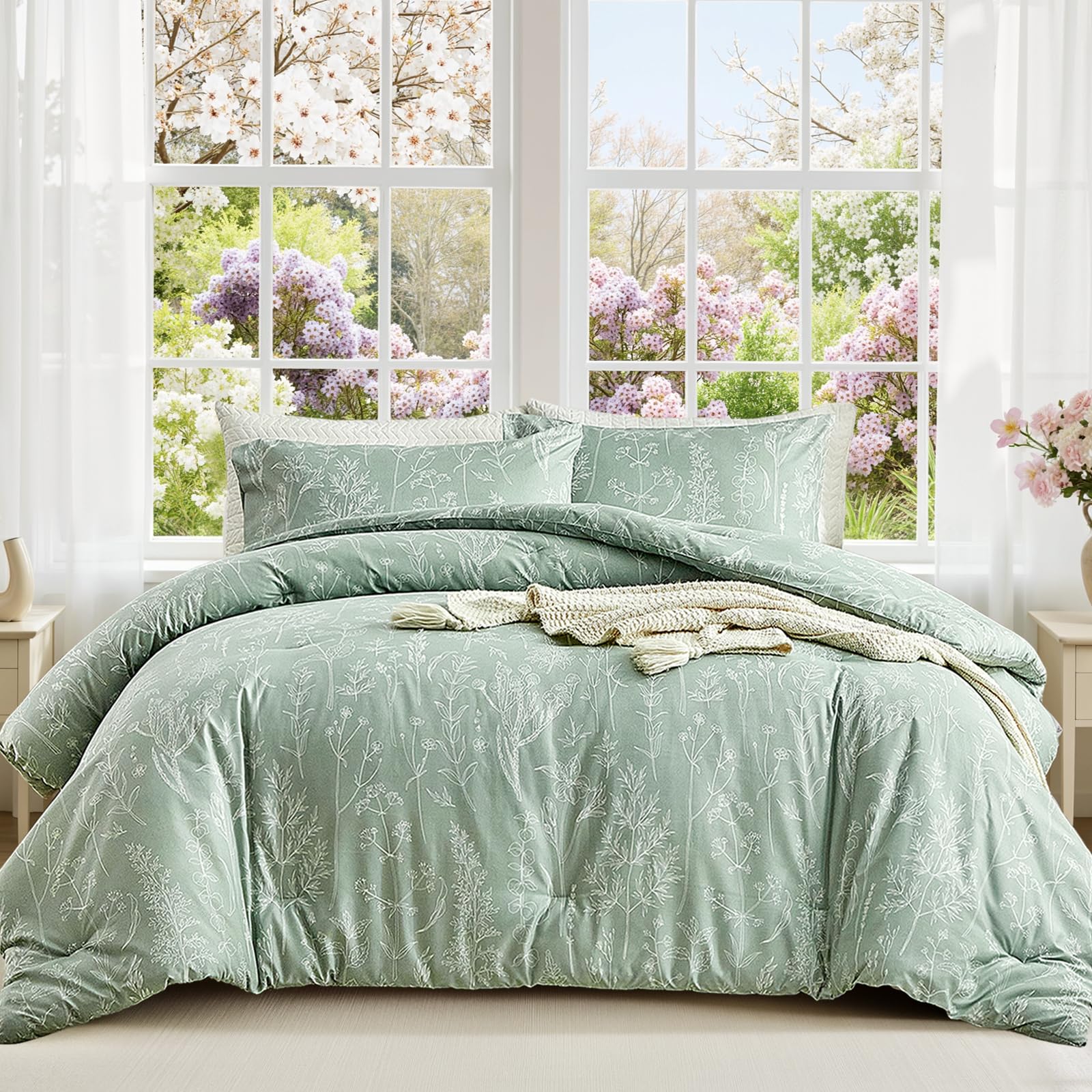 Tokokimo 4PCS Duvet Cover Sets King Size Bedding Sets, Botanical Branches Printed Grey Kingsize Duvet Cover Sets with Pillowcases and Extra Fitted Sheet, Soft Microfiber King Size Bedding Sets — view 95