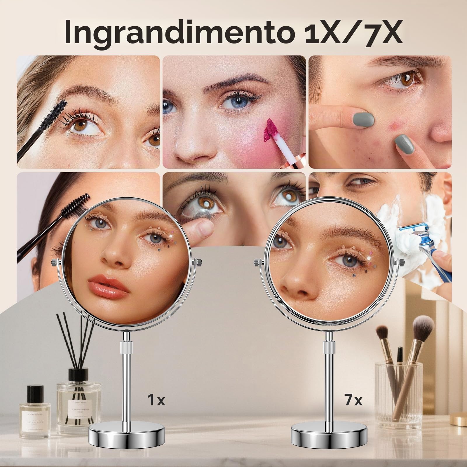 Nicesail Specchio da trucco da tavolo, 20,3 cm, double-face, con ingrandimento 7x, specchio ingranditore con piedistallo per specchio da barba, regolabile in altezza per tavolo da trucco Vainity