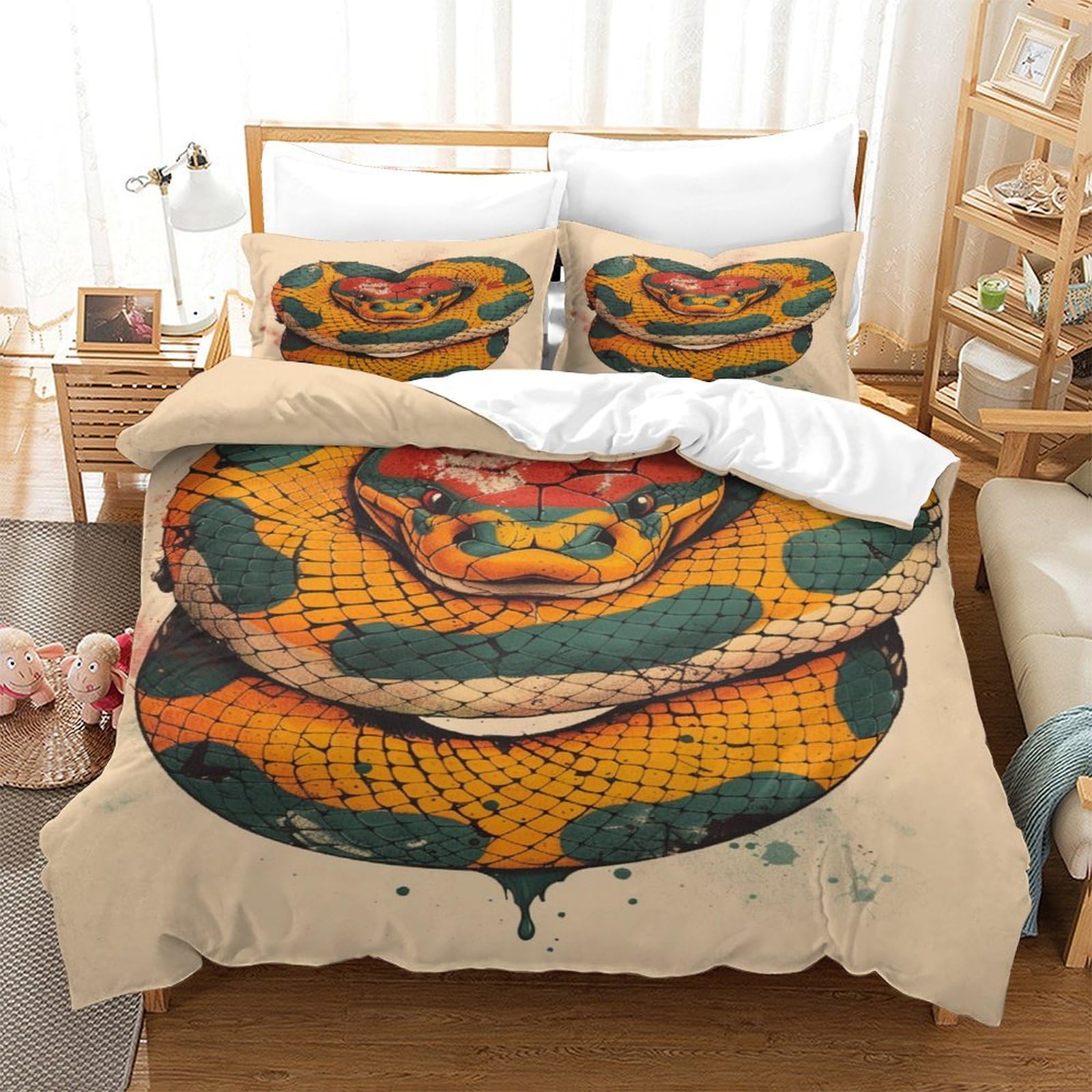 P1S9U7W5Y 3D Printed Snake Pattern Duvet Cover Set 3pcs Microfiber Reptile Bedding Set All Seasons Double（200x200cm）