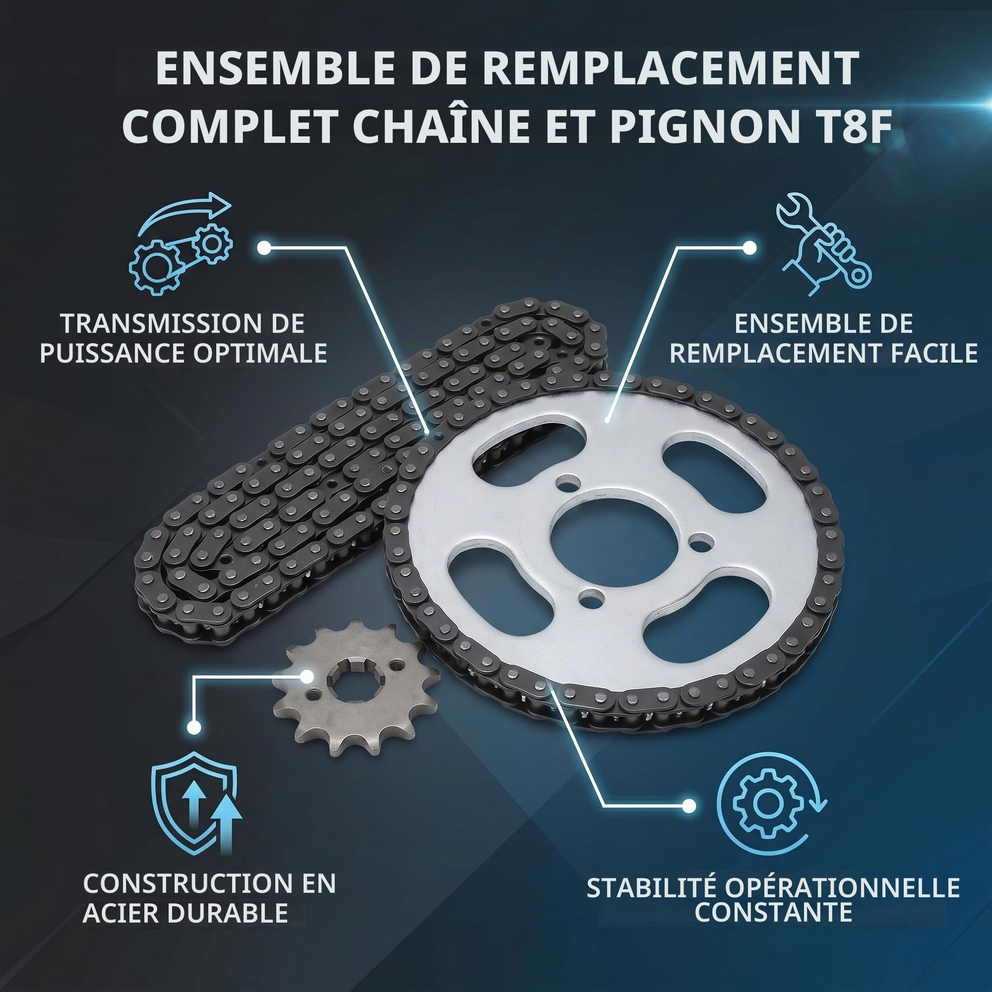 Pignon Avant et Arrière T8F, Chaîne de Rechange Haute Puissance T8F pour Karts Modifiés, VTT et Mini Motos