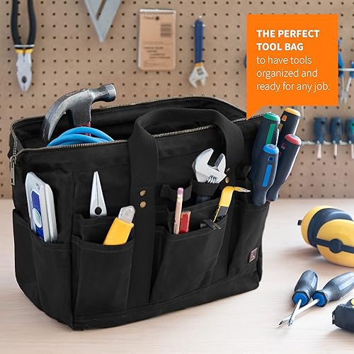 Miniatura 7 de PD Bolsa de herramientas de lona de 14 pulgadas, color caqui, 22 bolsillos, bolsa de comerciante resistente  Hecha para contratistas, pintores,