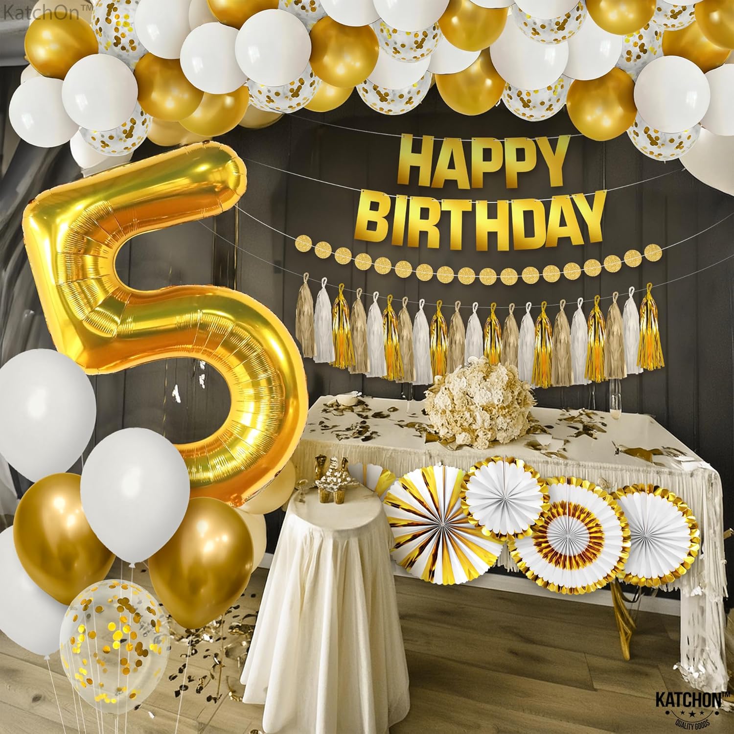 KatchOn Gold Birthday Decorations Set - Pack of 31 | Happy Birthday Banner, Dot Garland, Confetti Balloons, Paper Tassel Garland, Party Decorations