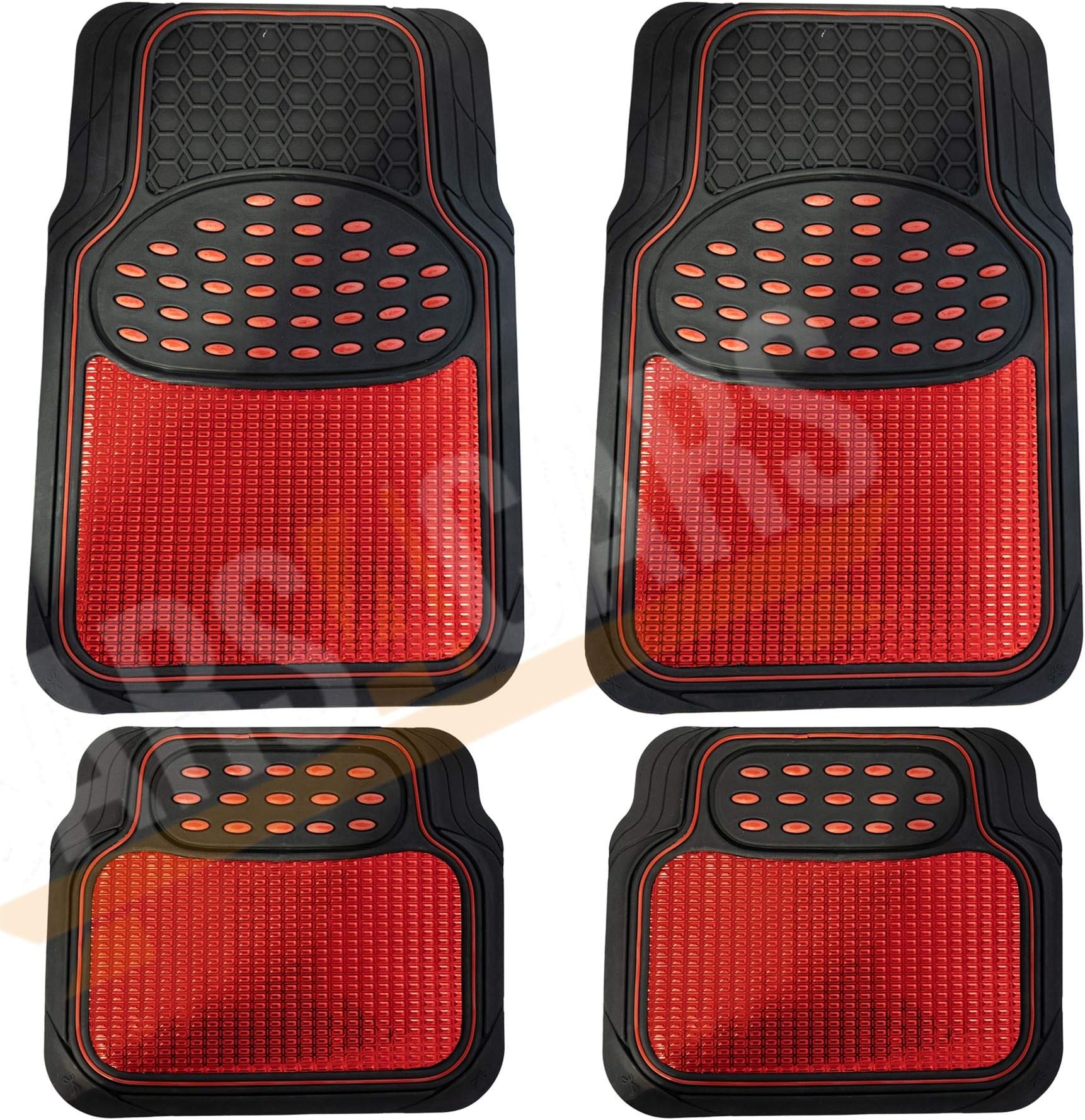 UKB4C Red Metallic Checker Style Car Heavy Duty Black Rubber Set of 4 Mats Set (4)