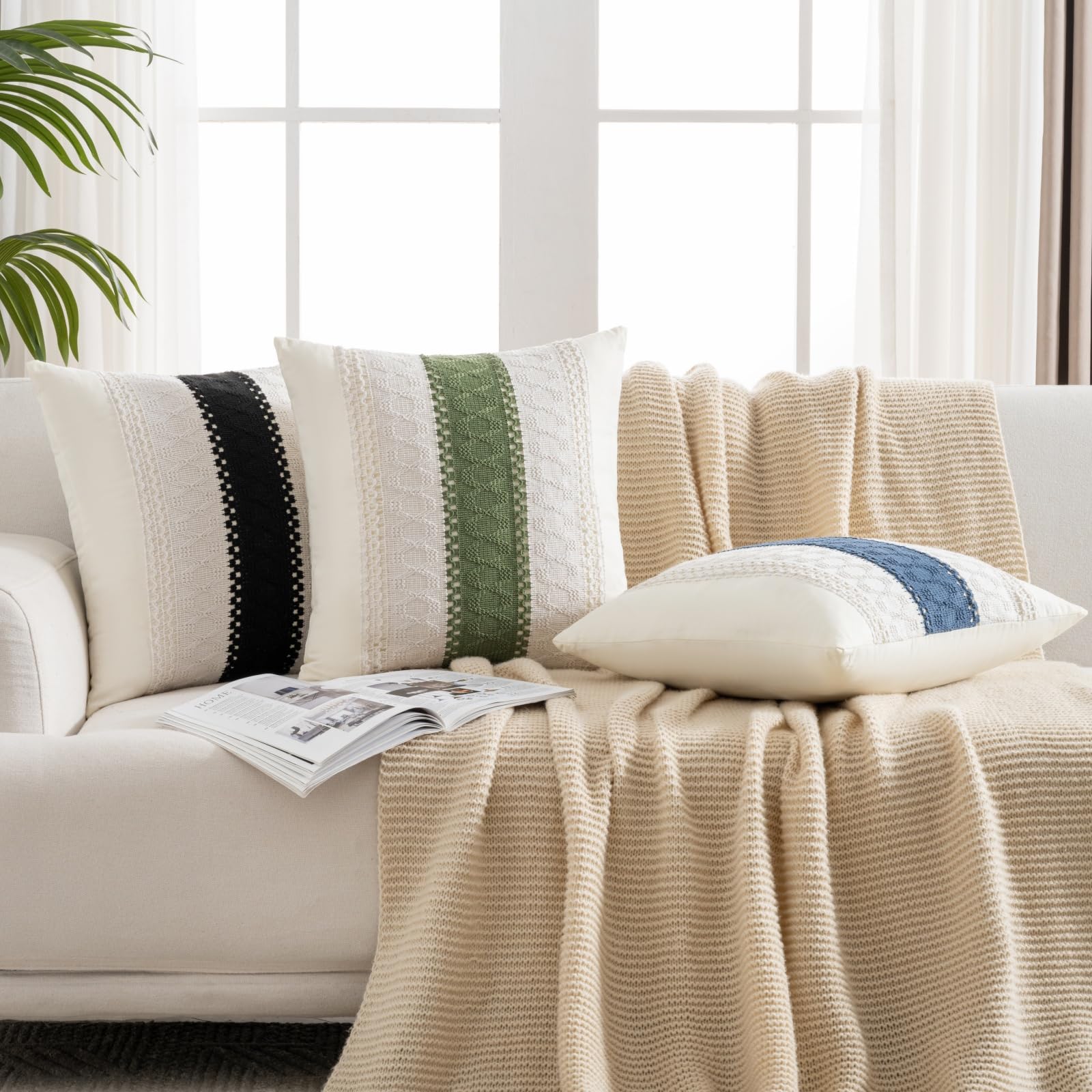 Boho-Kissenbezug 45x45 Cm – Weiß-blaues Streifendesign, Gewebt & Strukturiert Für Sofa, Bett & Wohnzimmer (1 Stück)
